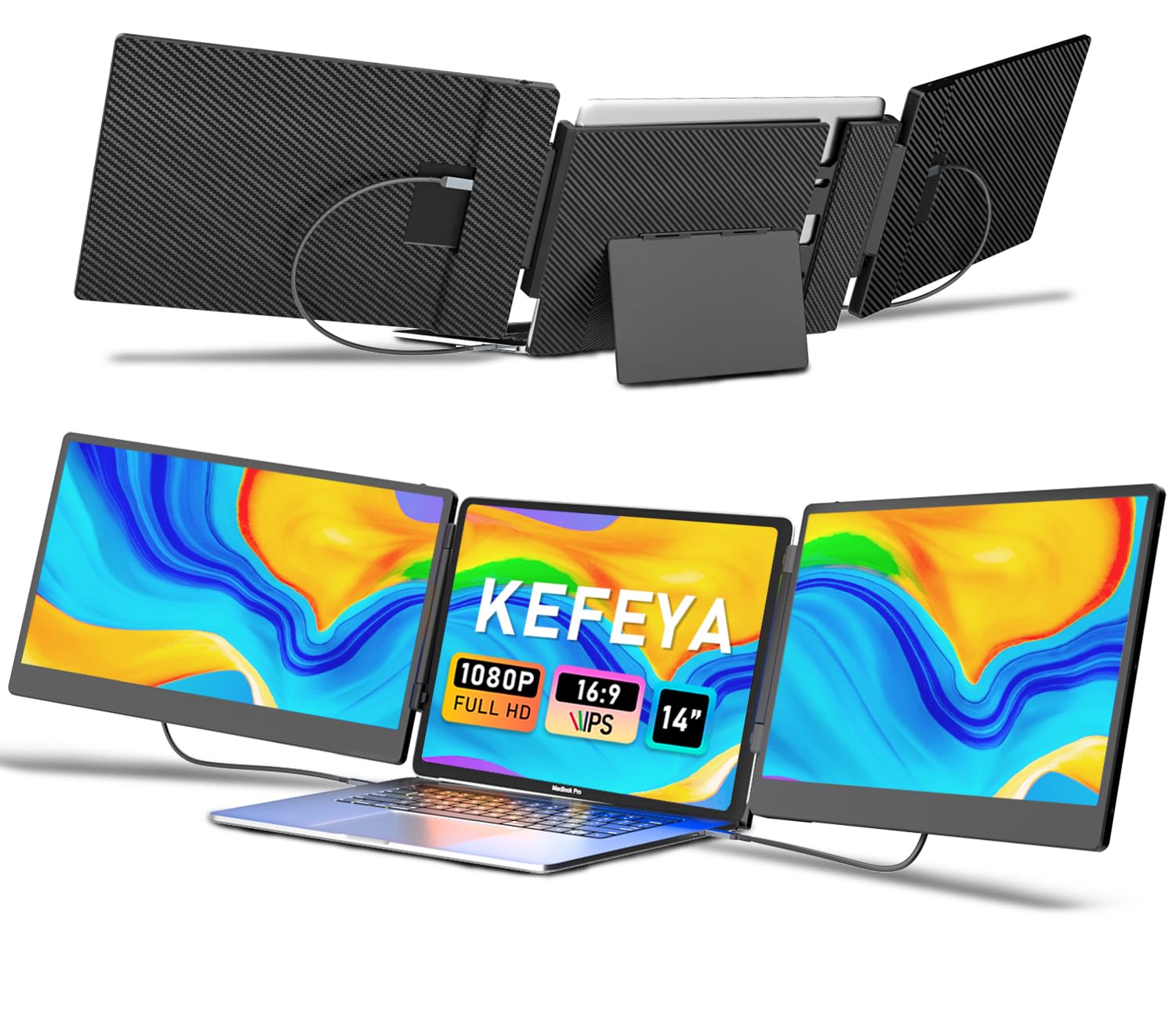 Kefeya Laptop Screen Extender, 14'' Fhd 1080P Triple Portable Monitor For Laptop 13 17'', Laptop Monitor Extender For Windows/Ma