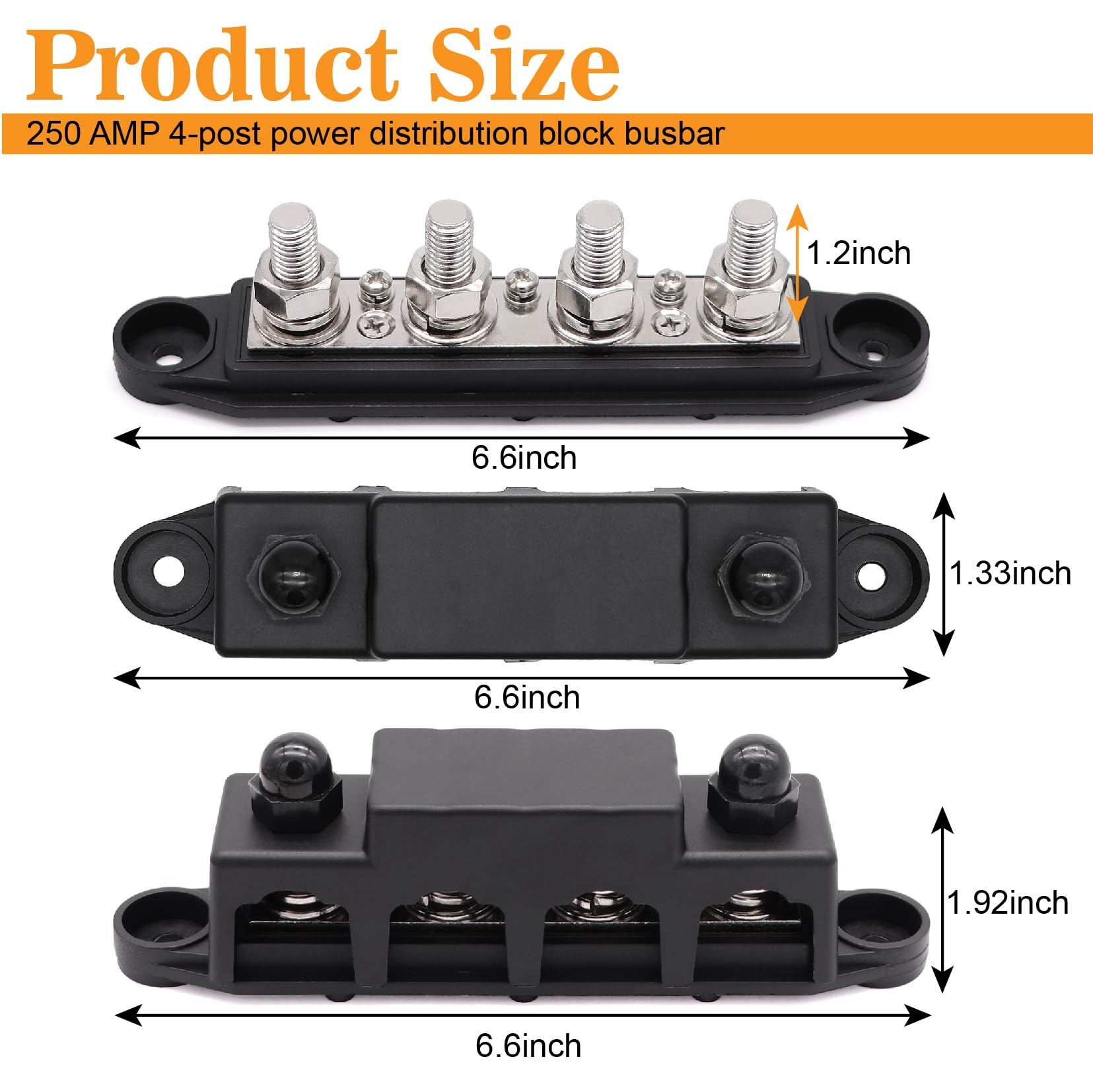 Taukealugs 250A Power Distribution Block Bus Bar 3/8 Inch Battery Terminal Stud 4 Post With Cover And Wire Lugs For Marine Autom