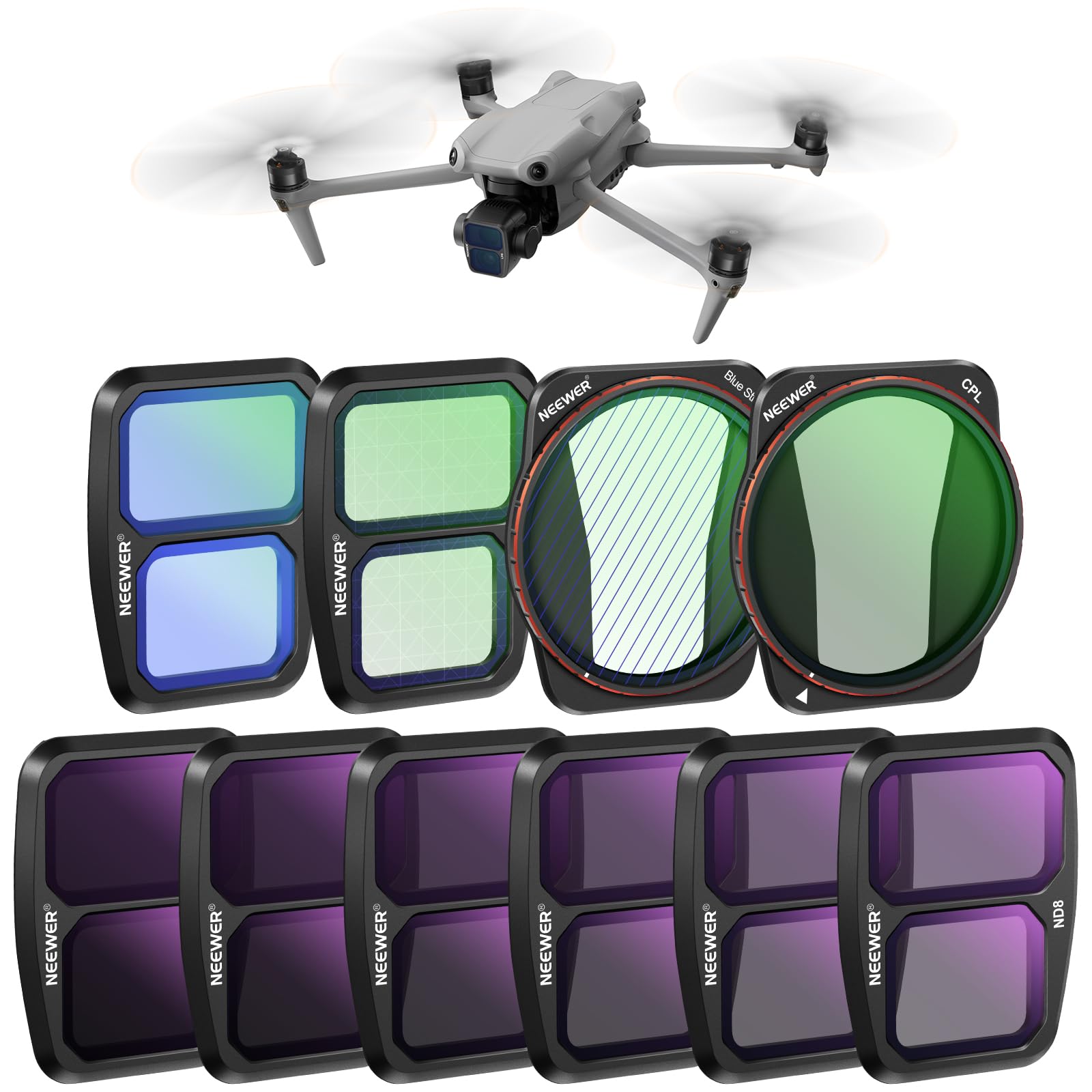 Neewer Nd & Effect Filter Set Compatible With Dji Air 3, 10 Pack Snap On Hd Nd8/Nd16/Nd32/Nd64/Nd128/Nd256 Neutral Density/Cpl P