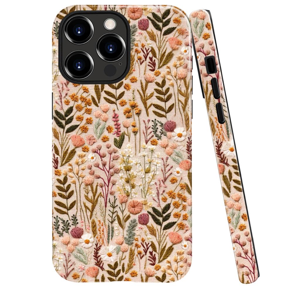 Compatible with iPhone 13 Pro Max,Anti-Scratch Glossy Case Cover,Boho Romantic Embroidery Flower