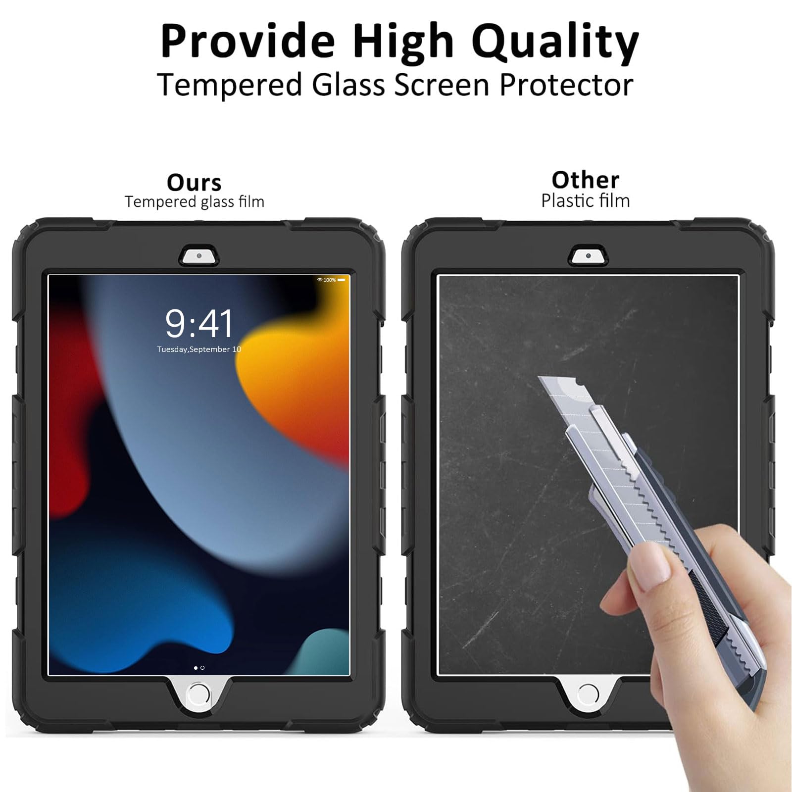Ipad 9Th/8Th/7Th Generation Case, Ipad 10.2 Case 2021/2020/2019, [Kid Proof] Ambison Full Body Protective Case With 9H Tempered Glass Screen Protector, 360� Rotatable Kickstand & Hand Strap (Black)