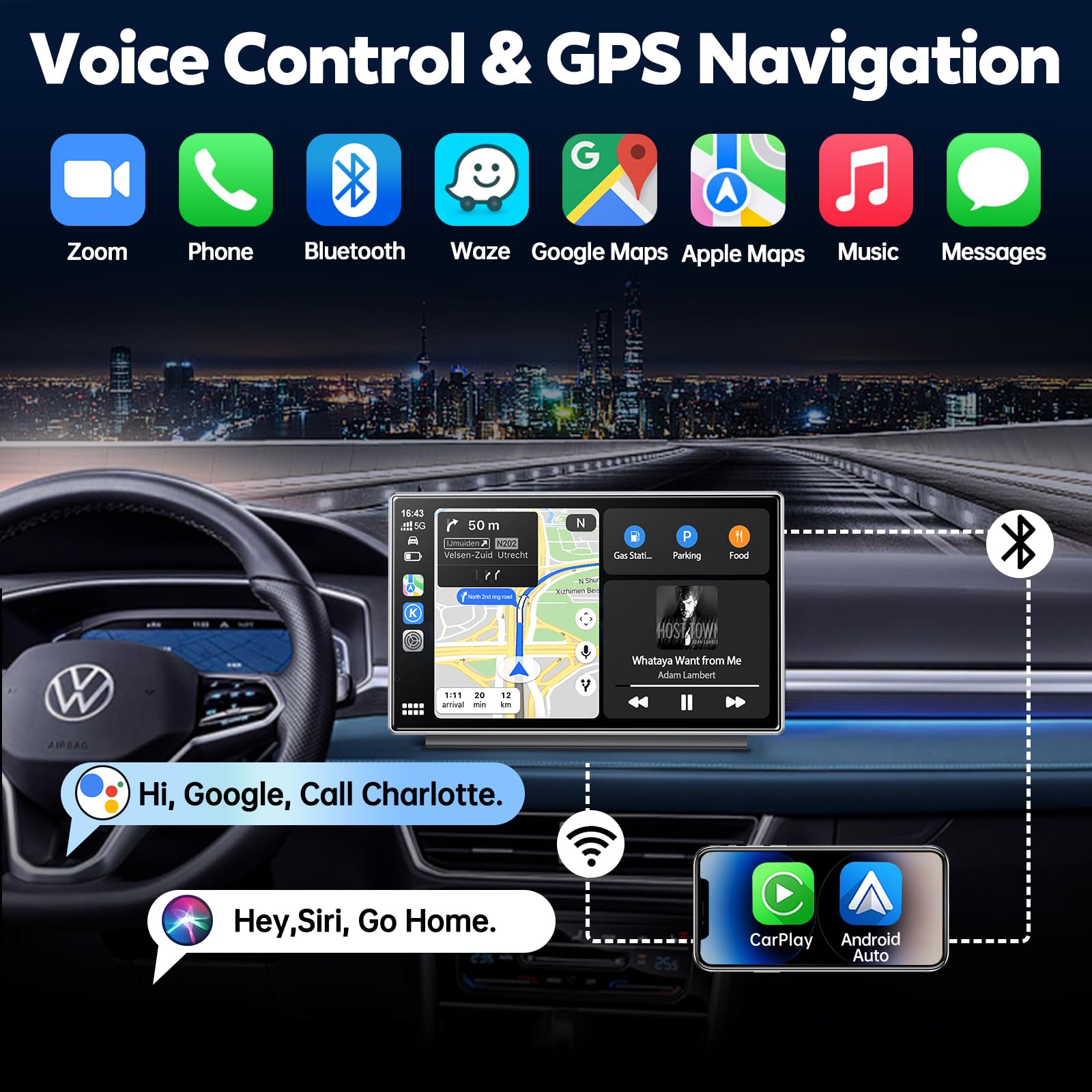 Eoyaa Upgrade Wireless Carplay Screen, Android Auto, Portable 7'' Hd Ips Screen For Car, Gps Navigation, Bluetooth Handsfree, Ai