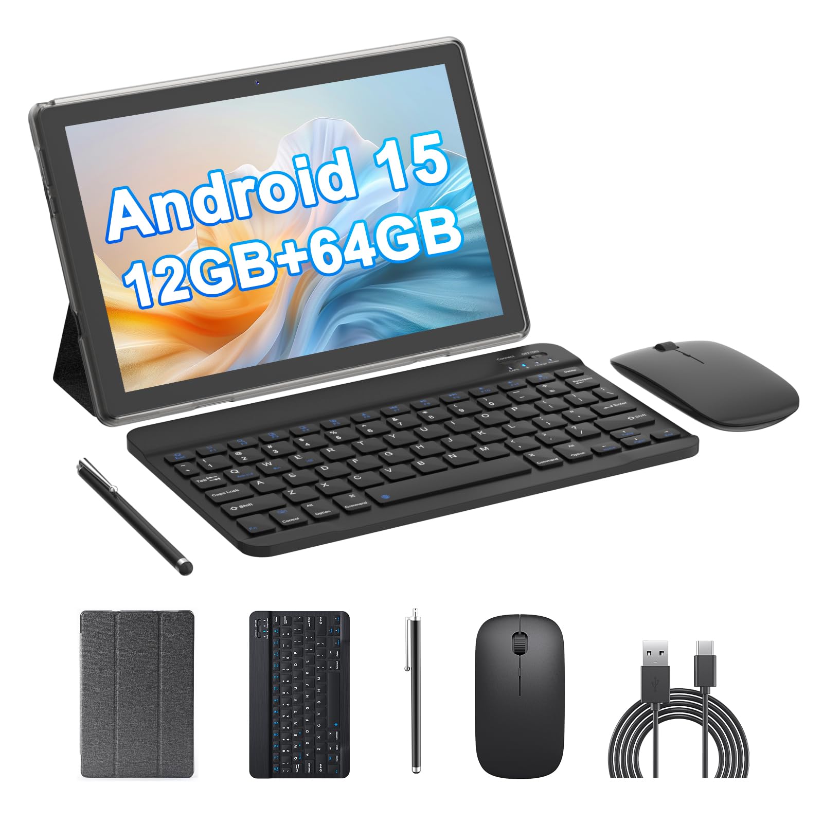 HOTTABLET Tablet 10-inch Android 15, RAM 12GB(4+8Expand) +ROM 64GB, 2+8MP Dual Camera, 6000mAh Battery, (Tablet+case+Stylus+beyb