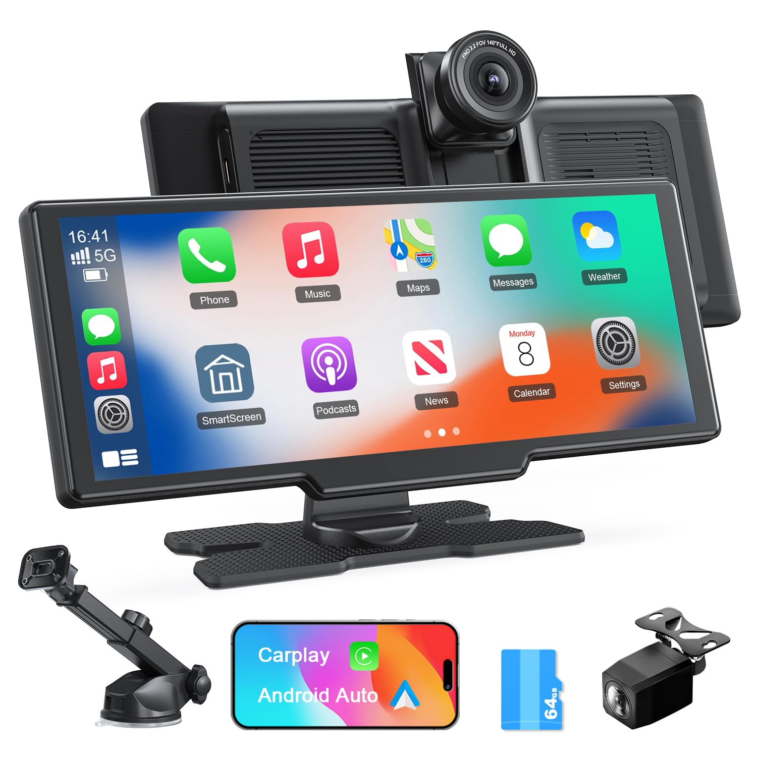 9.26'' Wireless Apple Carplay Screen With 4K Dash Cam,Portable Car Stereo Touchscreen,1080P Rear Camera,Android Auto,Voice Contr