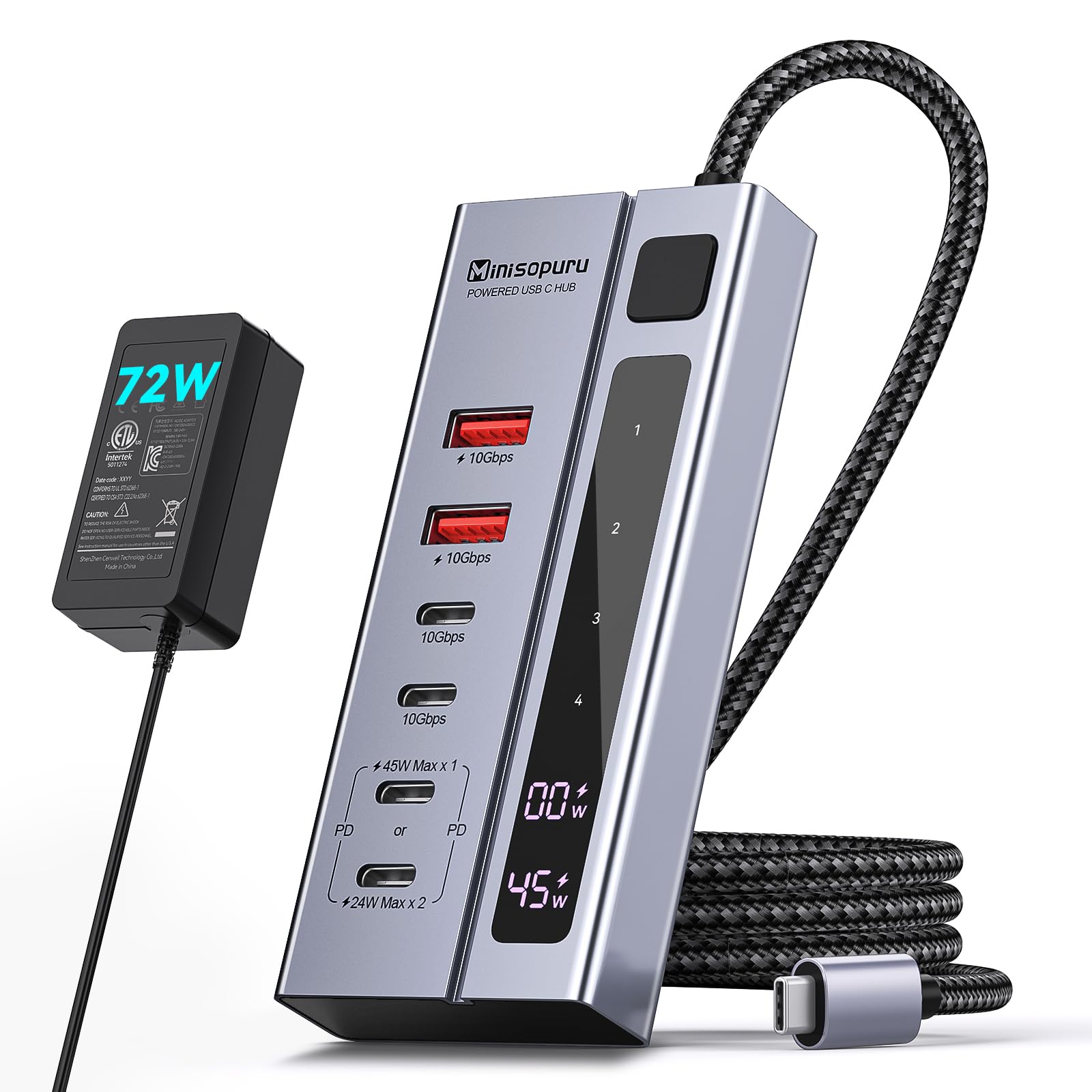 Minisopuru Powered Usb C Hub   Support Max 45W Charging, 10Gbps Data Transfer, 6 In1 Usb C Hub With 72W Power Adapter, Compatibl