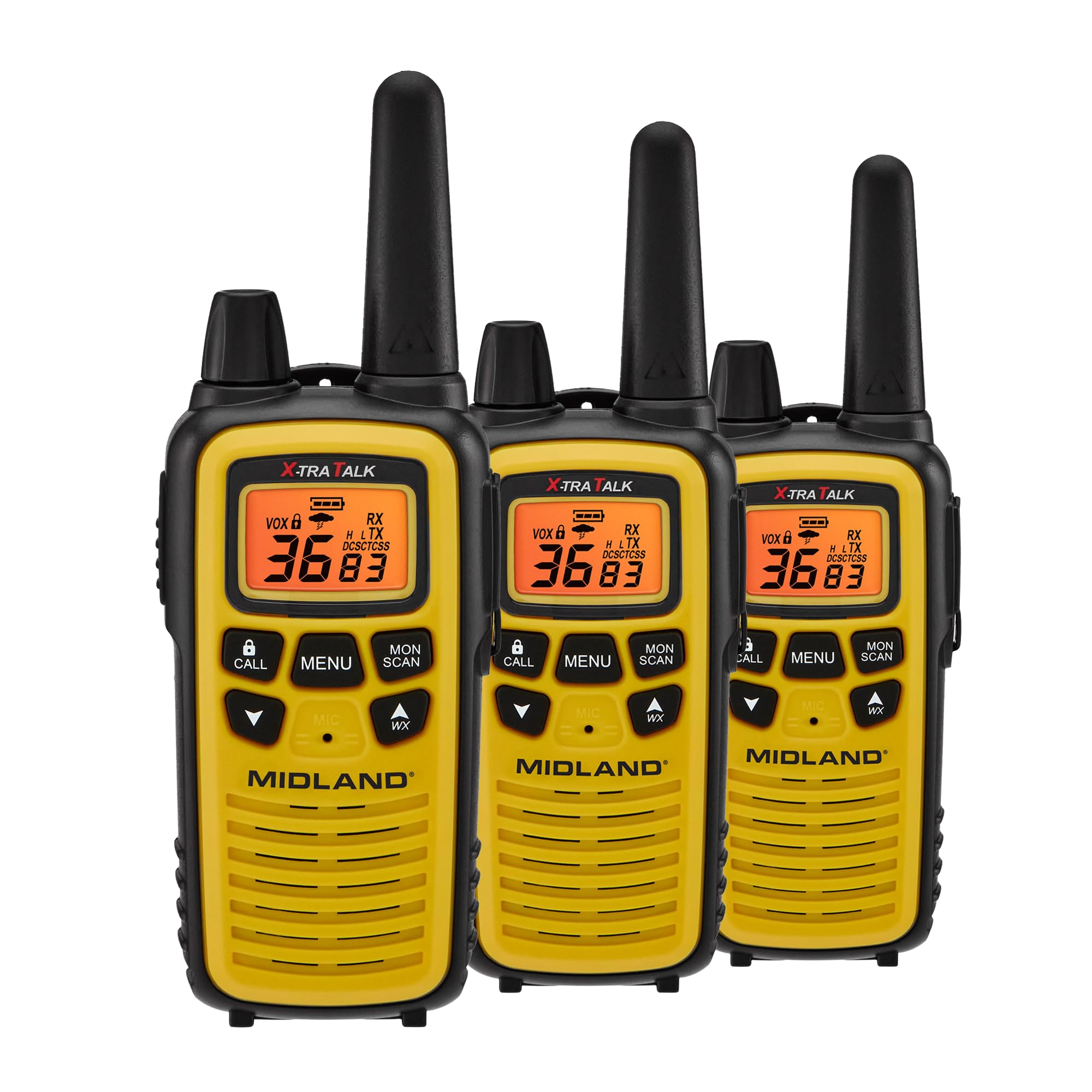Midland 36 Channel Frs Two Way Radio   Long Range Walkie Talkie, 121 Privacy Codes, Noaa Weather Scan + Alert (Yellow/Black, 3 Pack)