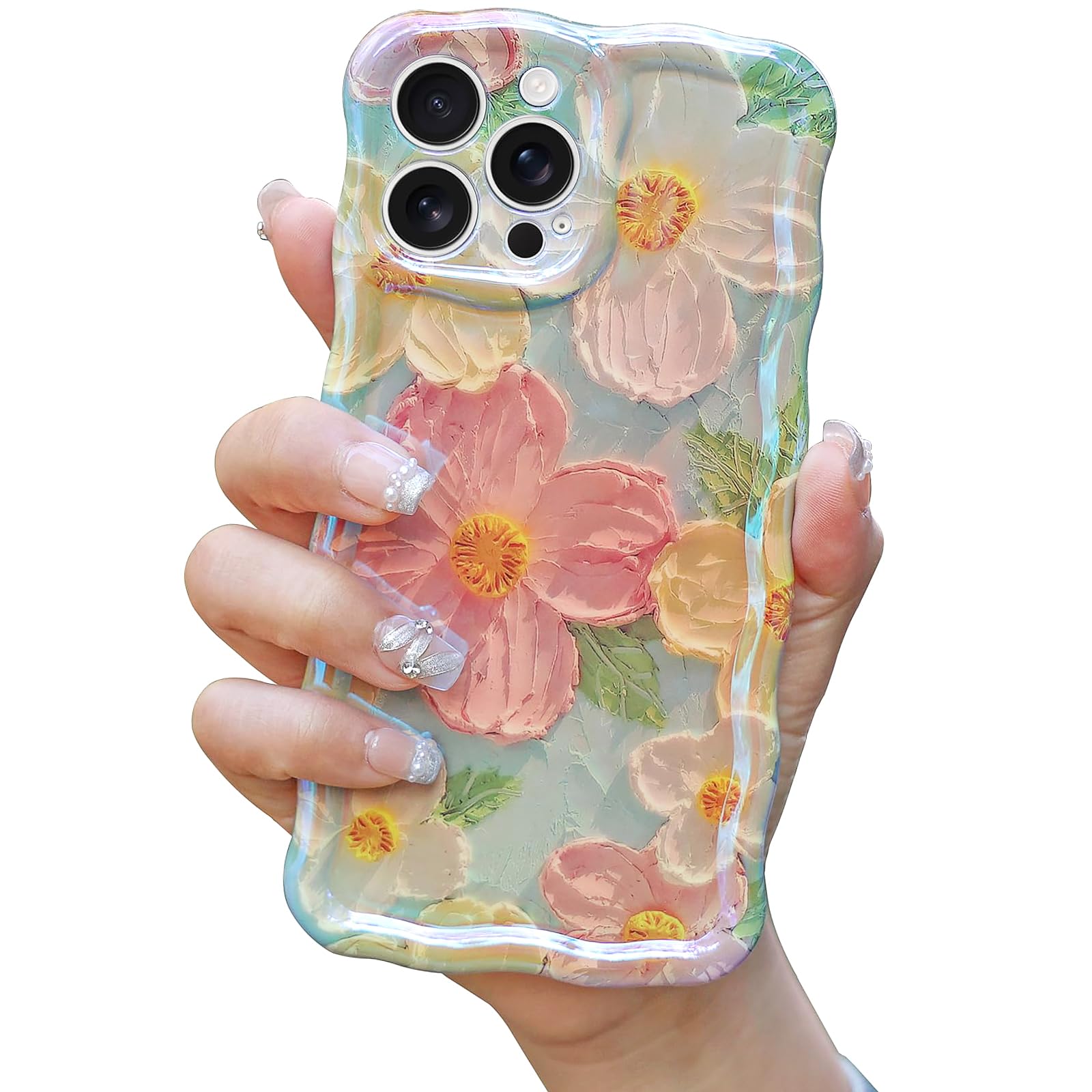 Mouzor Cute Case Compatible with iPhone 16 Pro Max, Colorful Retro Oil Painting Printed Flowers Case, Floral Laser Beam Glossy P