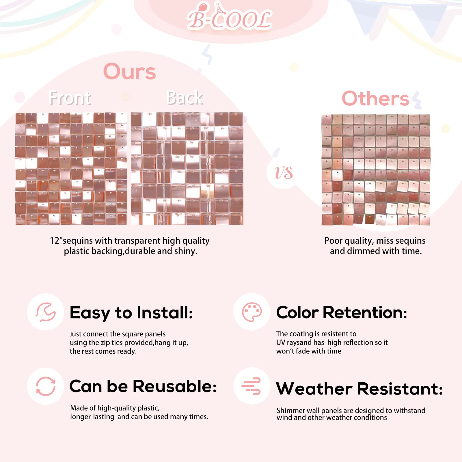 Shimmer Wall Backdrop Rose Gold Giltter Backgrounds 36 Panels For Party Wedding Birthday Engagement Bachelorette Parties Anniver