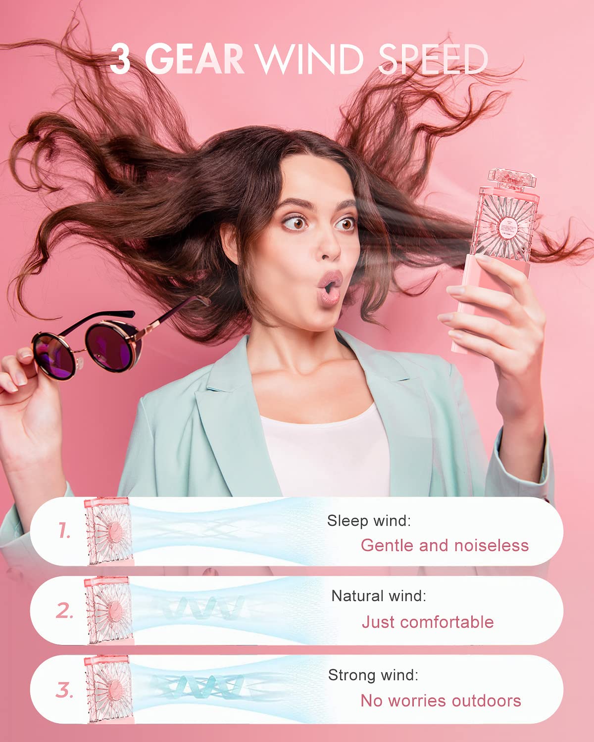 Jentxon Lady Handheld Fan, Rechargeable Small Personal Fan With 3 Speeds Setting, Powerful Quiet Pull Out Portable Fan, Mini Coo