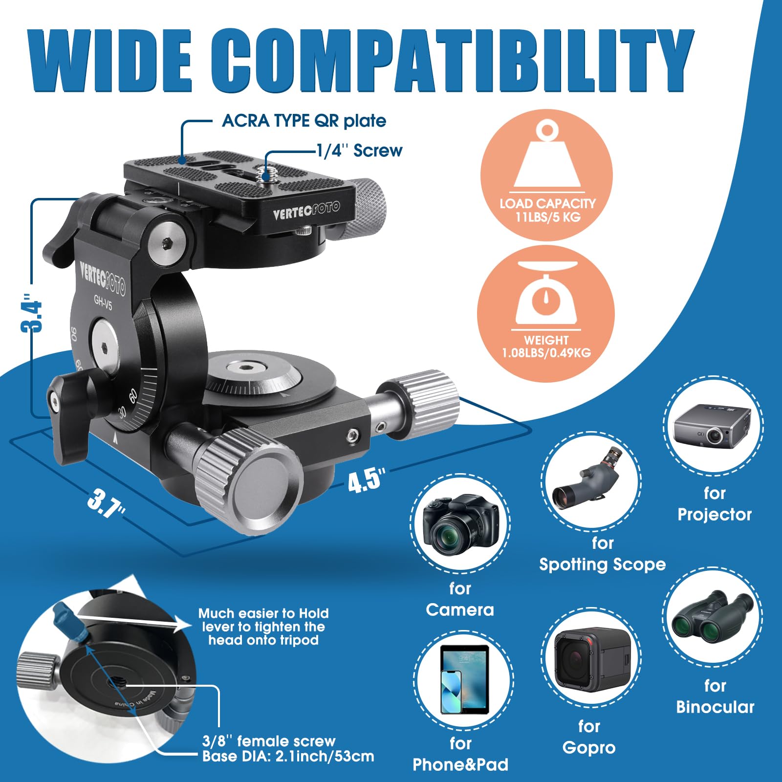Vertecfoto Geared Tripod Head  Provide Smooth Fine Tune & Quick Coarse On Pan&Tilt, Wobble Free; Perfect Choice For A Camera & S