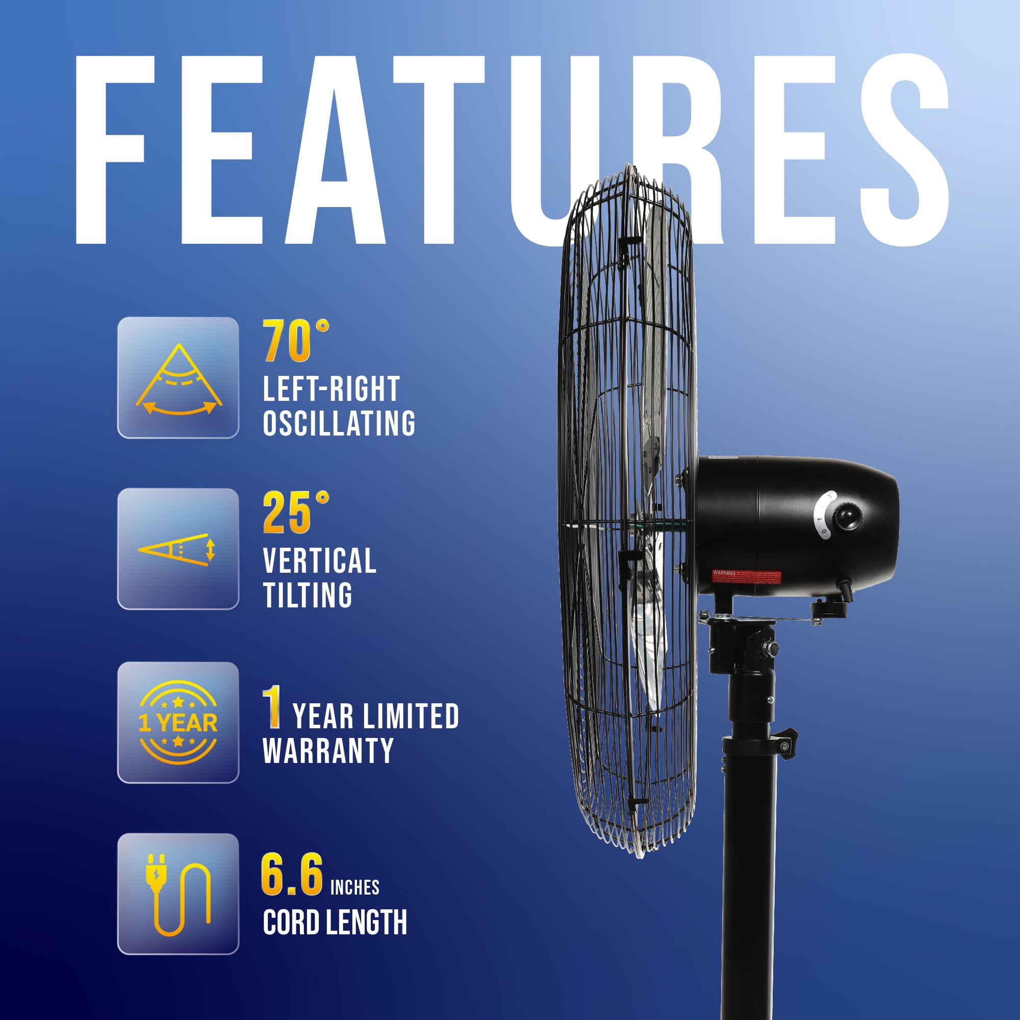 Tornado 24 Inch High Velocity Oscillating Metal Pedestal Fan Commercial, Industrial Use 3 Speed 7600 Cfm 1/4 Hp 6.6 Ft Cord Ul S
