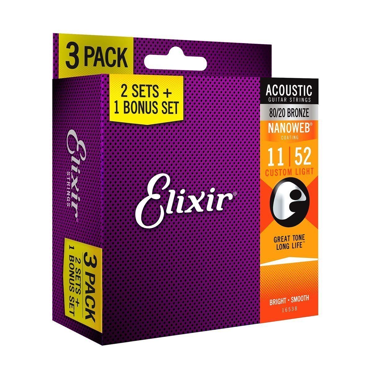 Elixir Strings 80/20 Bronze Acoustic Guitar Strings With Nanoweb Coating, 3 Pack, Custom Light .011 .052 (16538)