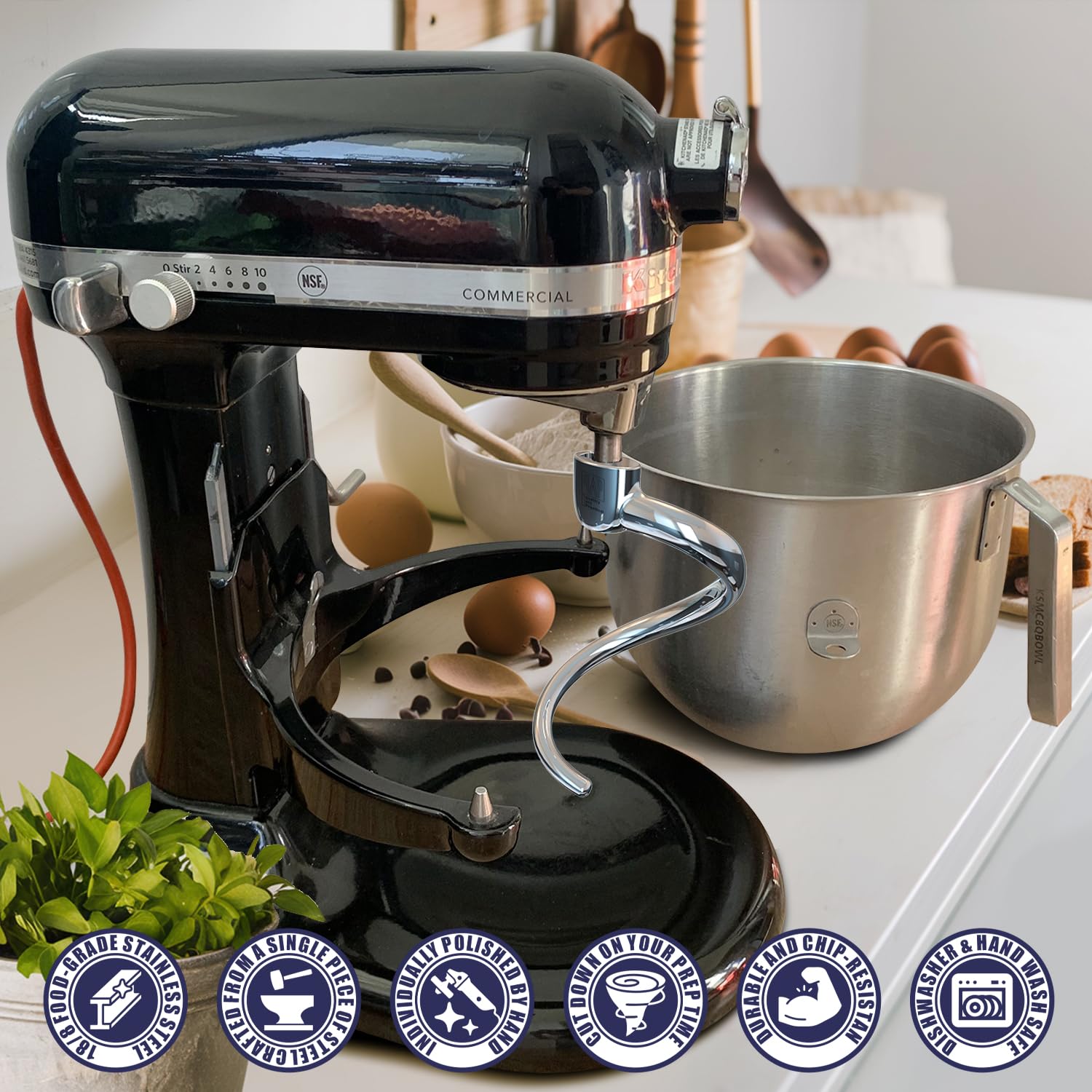 Spiral Dough Hook Replacement For Kitchenaid 7/8 Qt. Bowl Lift Stand Mixers/Polished 18/8 Stainless Steel Accessories/No Coating