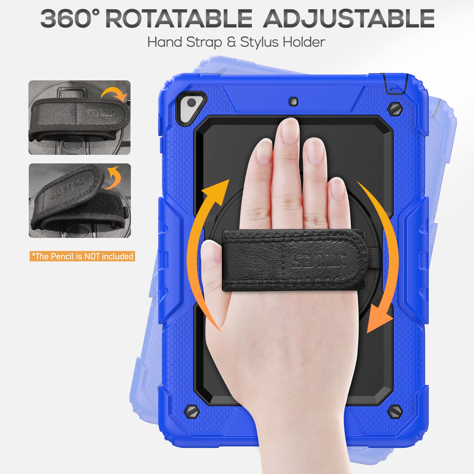 Seymac Case For Ipad 6Th/5Th Generation 9.7 Inch, Full Body Shockproof Heavy Duty Protective Case With Screen Protector, Rotating Stand/Hand/Shoulder Strap For Ipad Air 2/ Pro 9.7, Dark Blue