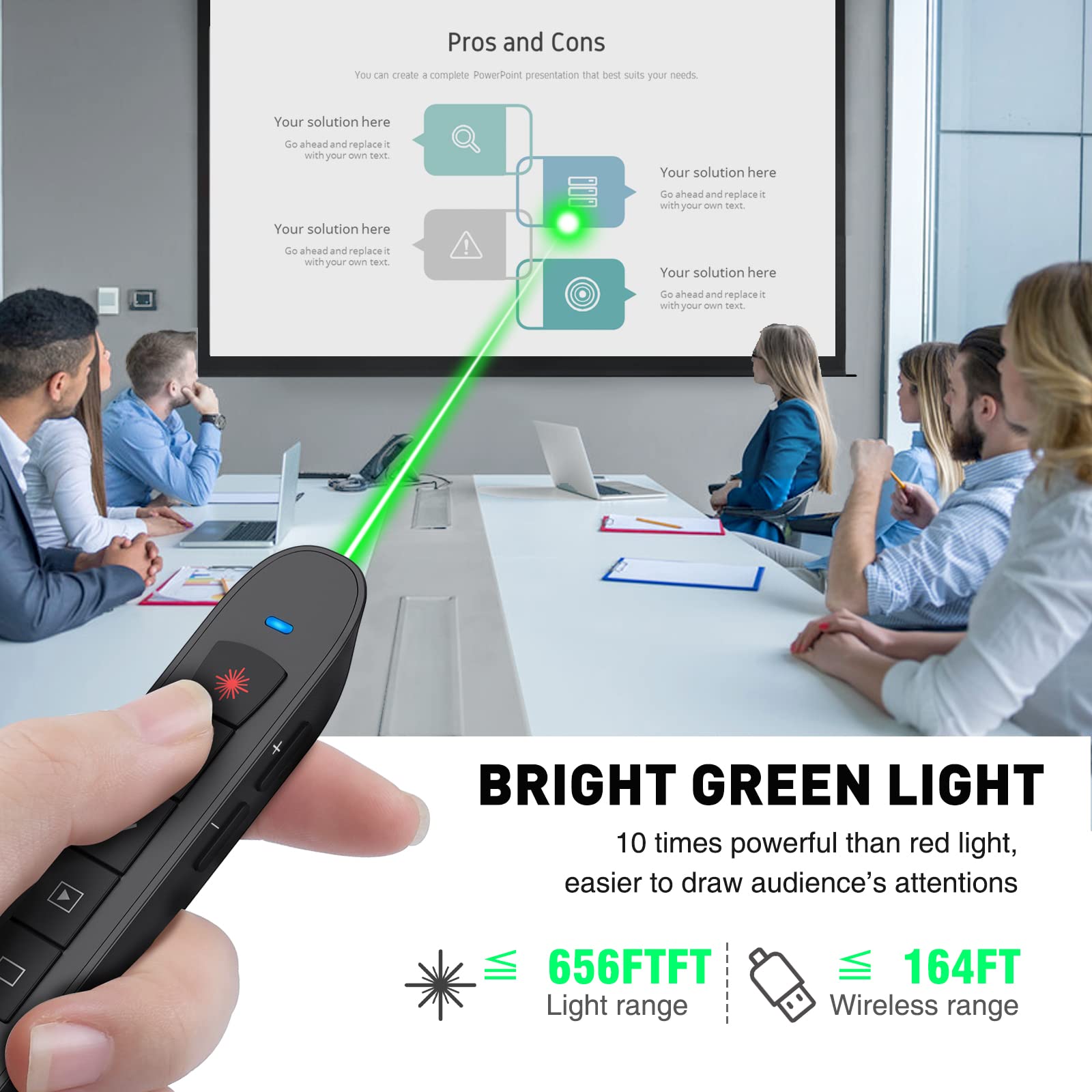 Presentation Clicker Green Laser Pointer, Rechargeable Powerpoint Clicker Wireless Presenter Remote, Rf 2.4Ghz Usb Presentation