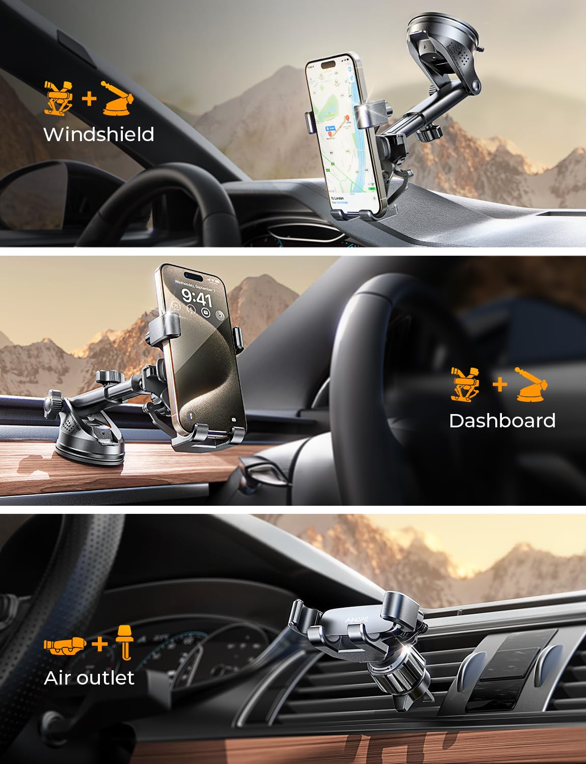 Ainope Phone Mount For Car 3-1 Gravity Car Phone Holder Mount For Car Dashboard Windshield Air Vent Cell Phone Holder Car For Ip