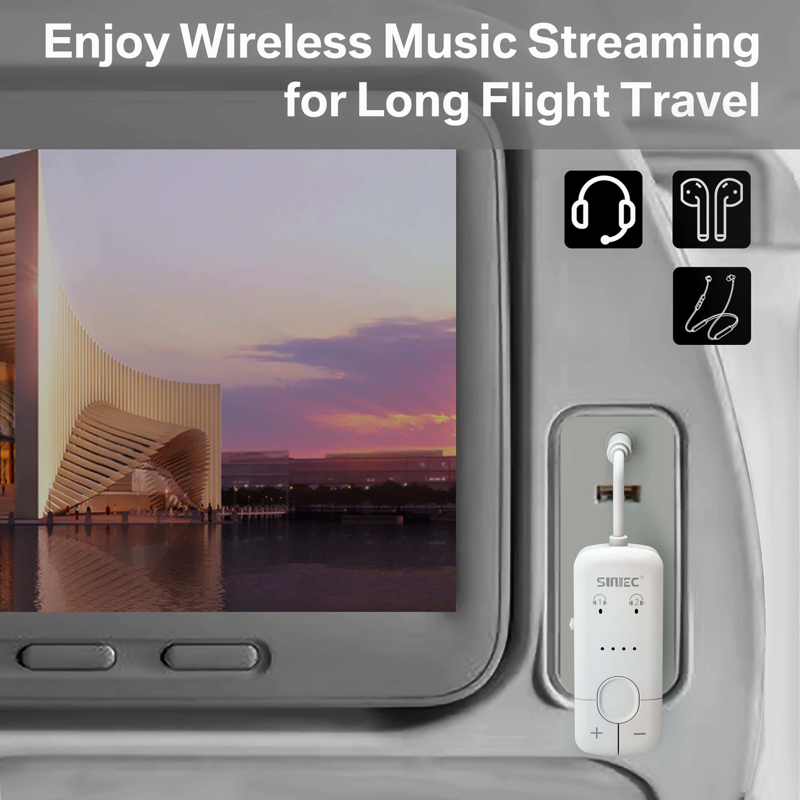 Sunitec Bluetooth Audio Transmitter For Airplane, Supports Audio Sharing To 2 Airpods Or Wireless Headphones,Wireless Bluetooth