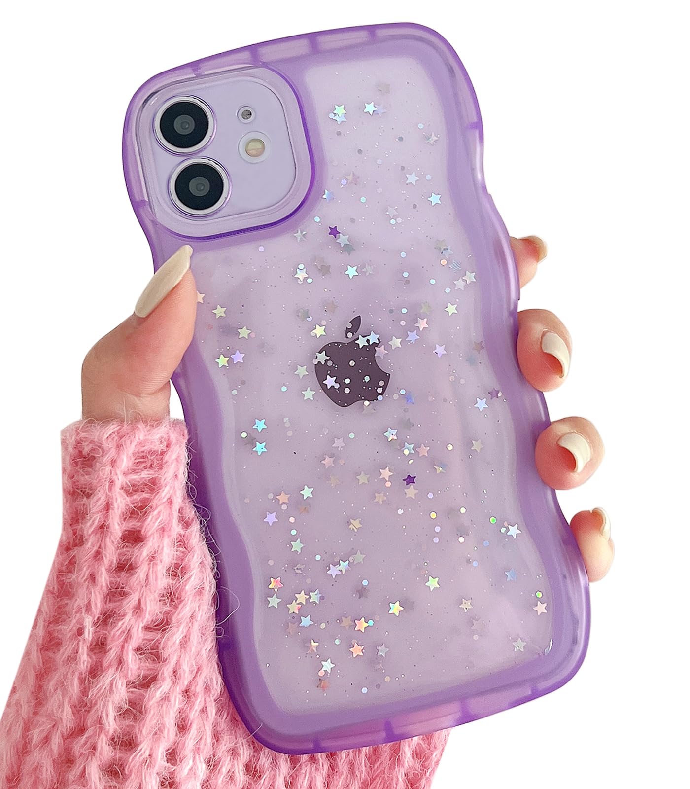 Qokey For Iphone Xr Case 6.1 Inch Curly Wave Edge Design Transparent Bling Glitter Star Shiny Case Cute Clear Transparent Full P