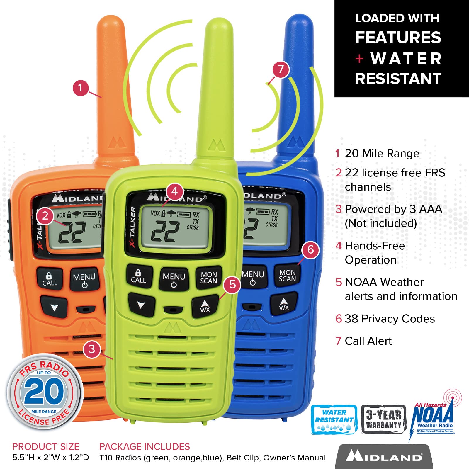 Midland � T10X3M X Talker Two Way Radio � Water Resistant � Noaa Weather Alert Radios � 20 Mile Range   Multi Color Three Pack