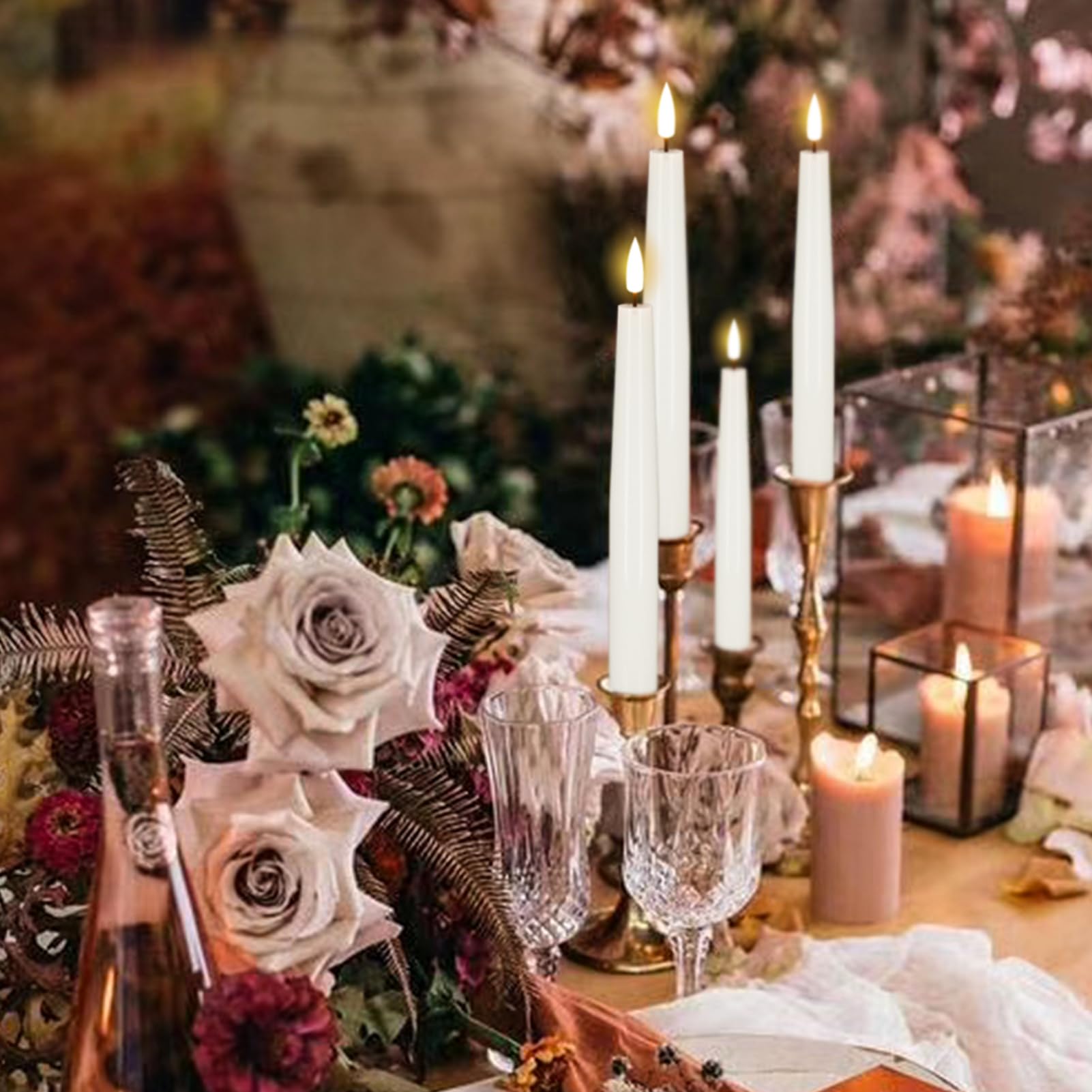 Genswin Flameless Flickering Taper Candles Battery Operated, 4 Pcs Real Wax Led Taper Flameless Candlesticks With 3D Wick, White