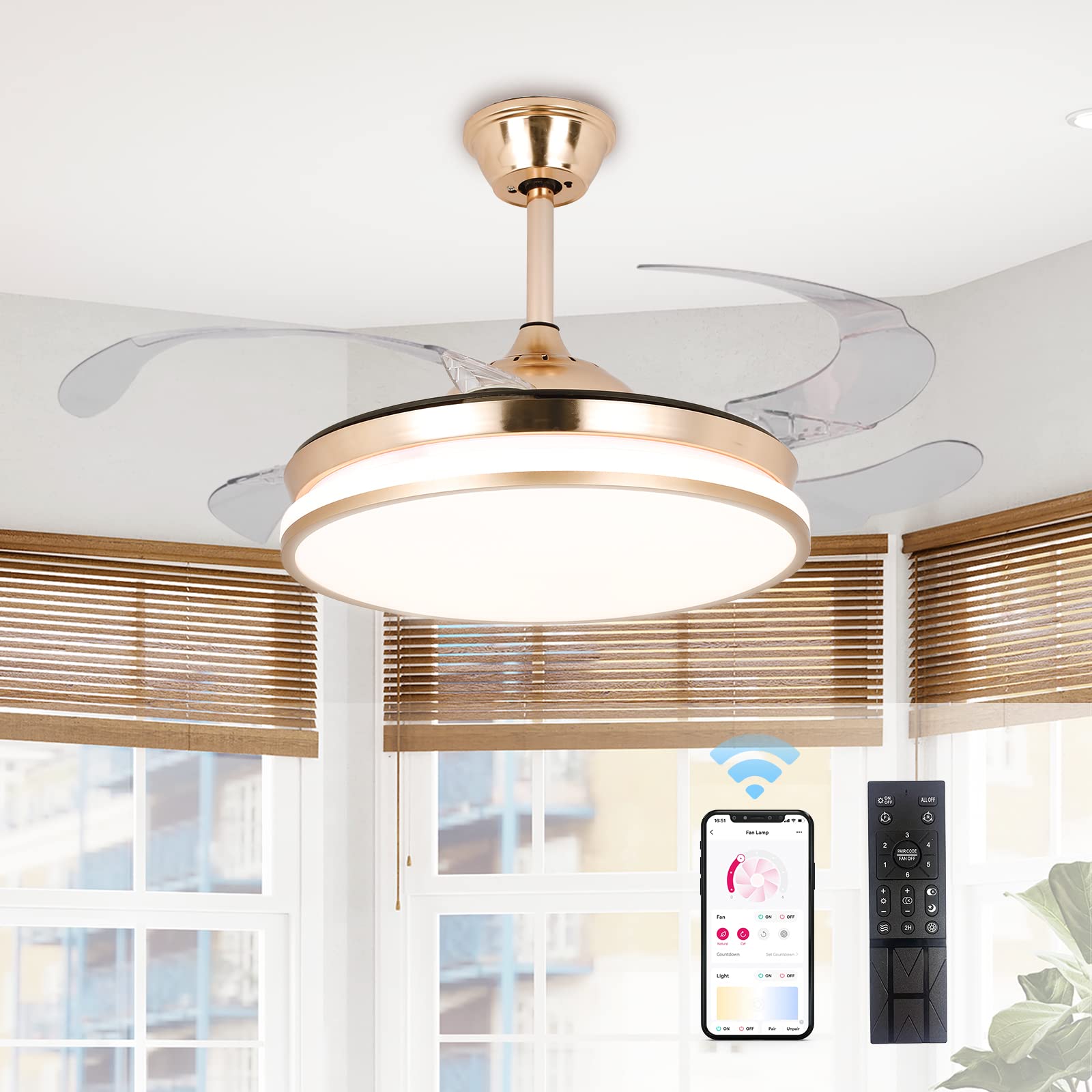 STERREN Retractable Gold Ceiling Fan with Lights, 42 inch Modern Low Profile Bladeless Ceiling Fan Light with Remote Smart LED C