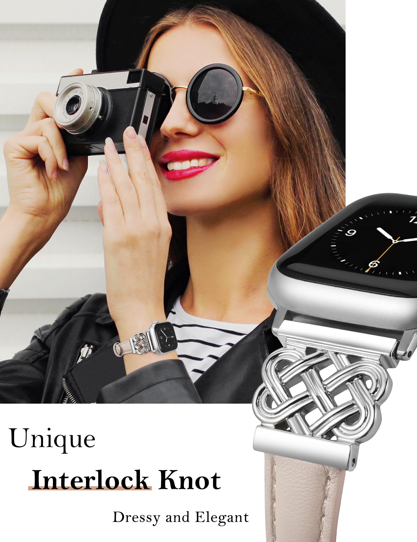 Toyouths Leather Band Compatible With Apple Watch Bands Women 38/40/41/42Mm Dressy Slim Thin Leather Strap With Designer Interlo