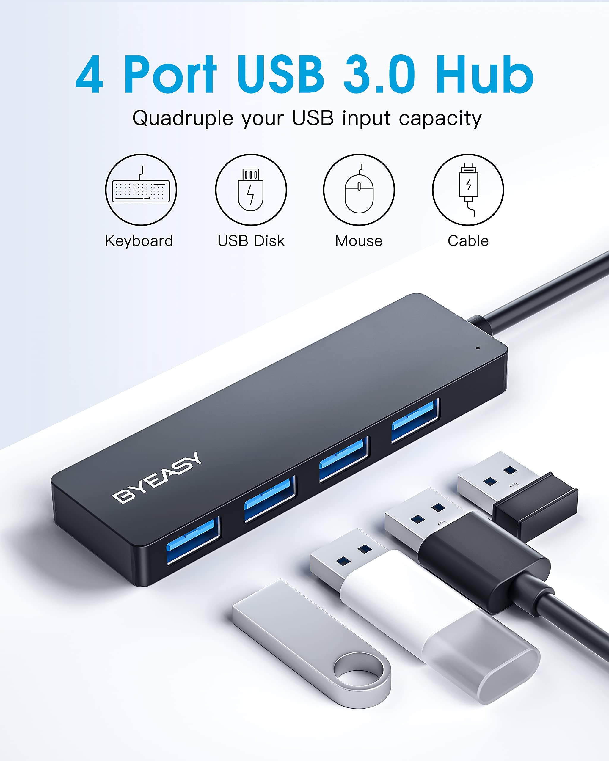 Byeasy Usb Hub, Multiple Usb 3.0 Hub, Usba Splitter For Laptop With Type C Power Port, Extender For Mouse, Keyboard, Flash Drive