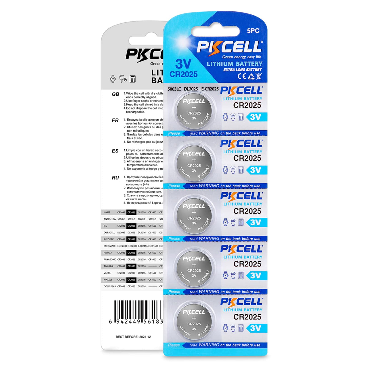 Pkcell 5 Count Cr2025 Battery,2025 3V Button Cell Battery,Lithium Button Cell Watches Battery,5 Year Warranty