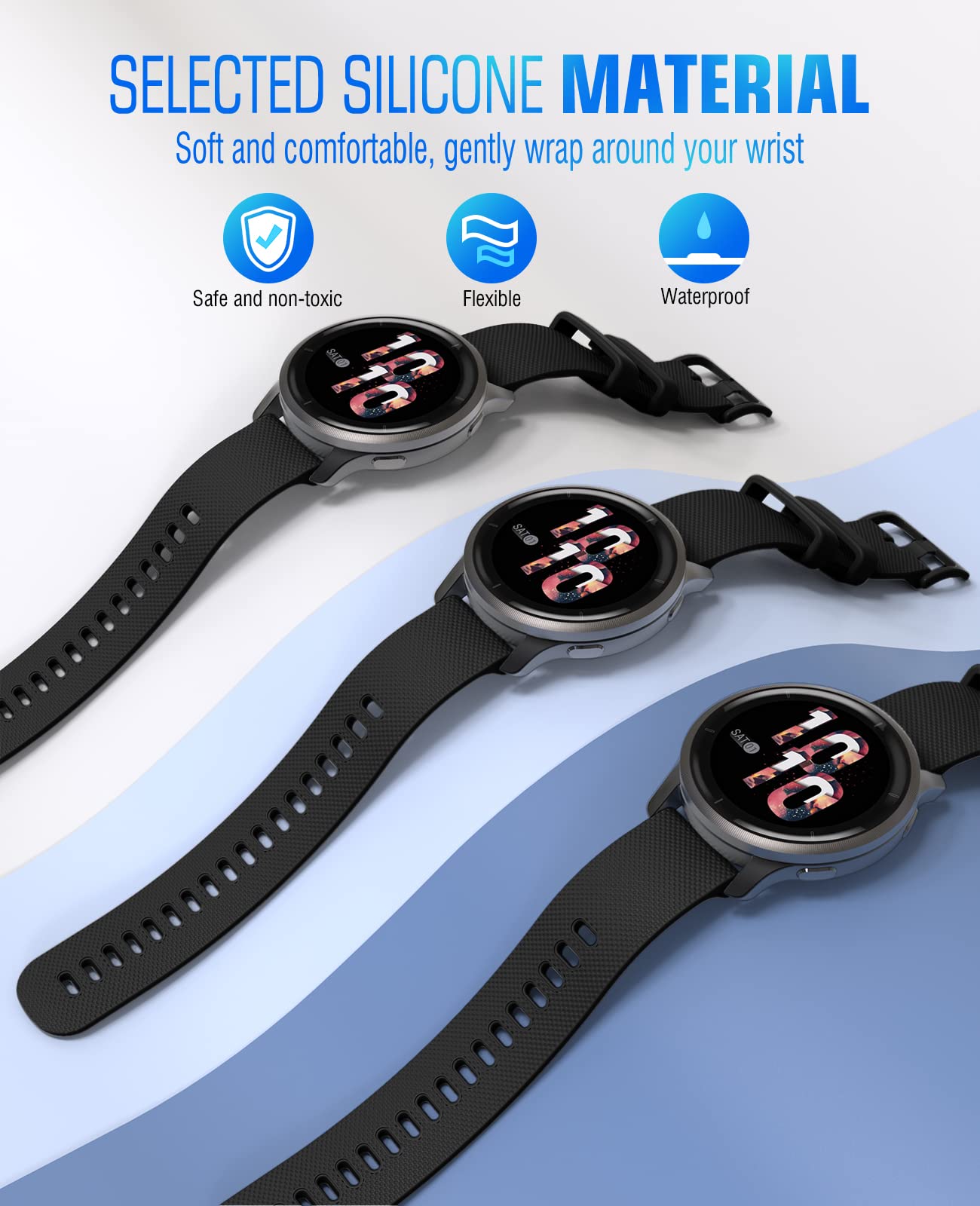 MoKo Watch Band Compatible with Garmin Forerunner 265S/255S/255S Music/Vivoactive 4S/Venu 3S/Venu 2S/Vivomove 3S Smartwatch, 18MM Soft Silicone Adjustable Replacement Strap, Black