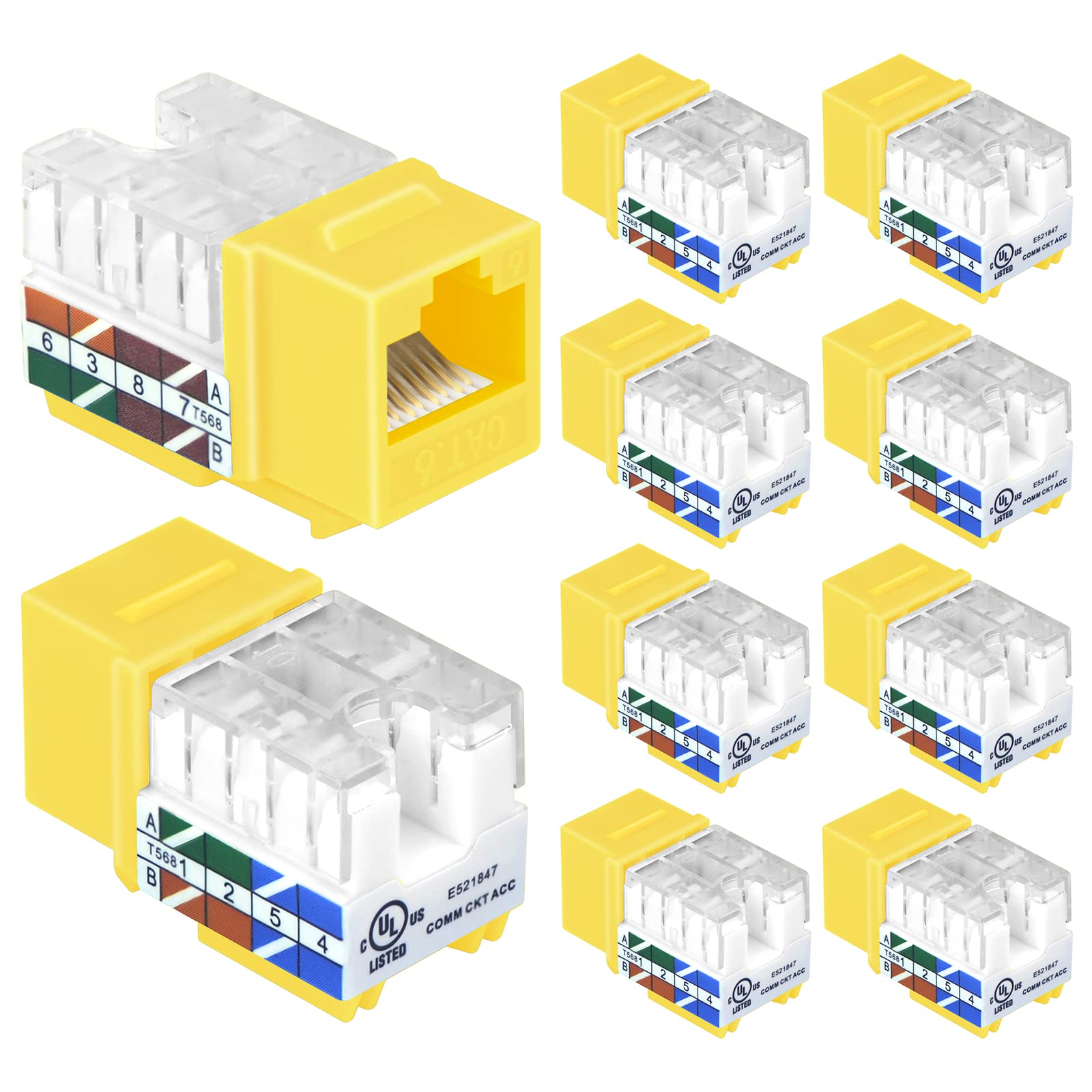 Vcelink Rj45 Cat6 Keystone Jacks Slim Profile Ul Listed 10 Pack, 90 Degree Ethernet Punch Down Keystone Jack Adapter In Yellow