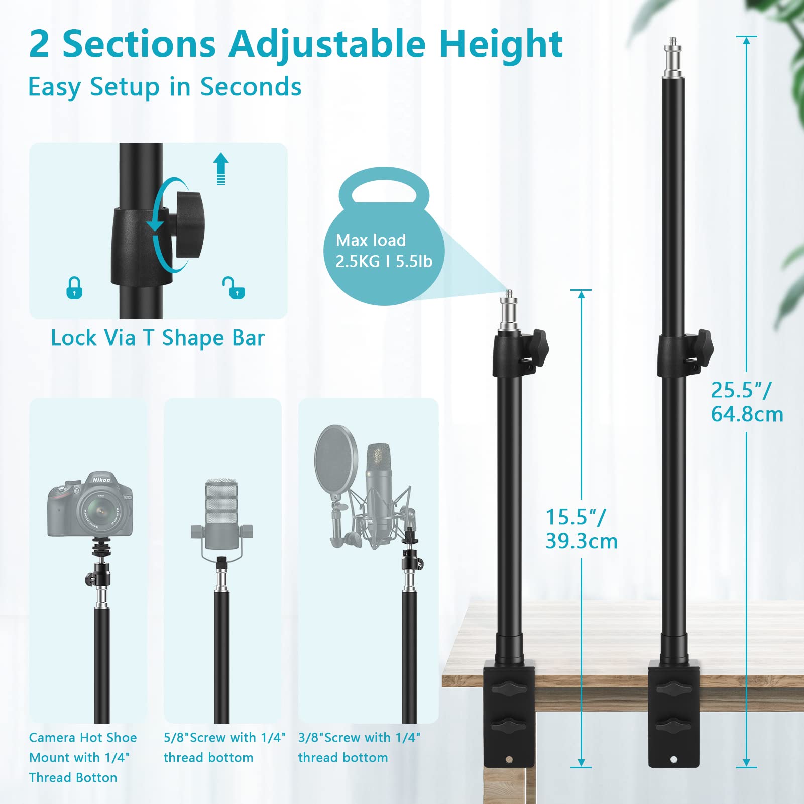 Tinpops Camera Desk Mount Stand, 15.5 21.5'' Adjustable Desktop C Clamp Mounting Stand, Aluminum Tabletop Light Stand With 1/4''