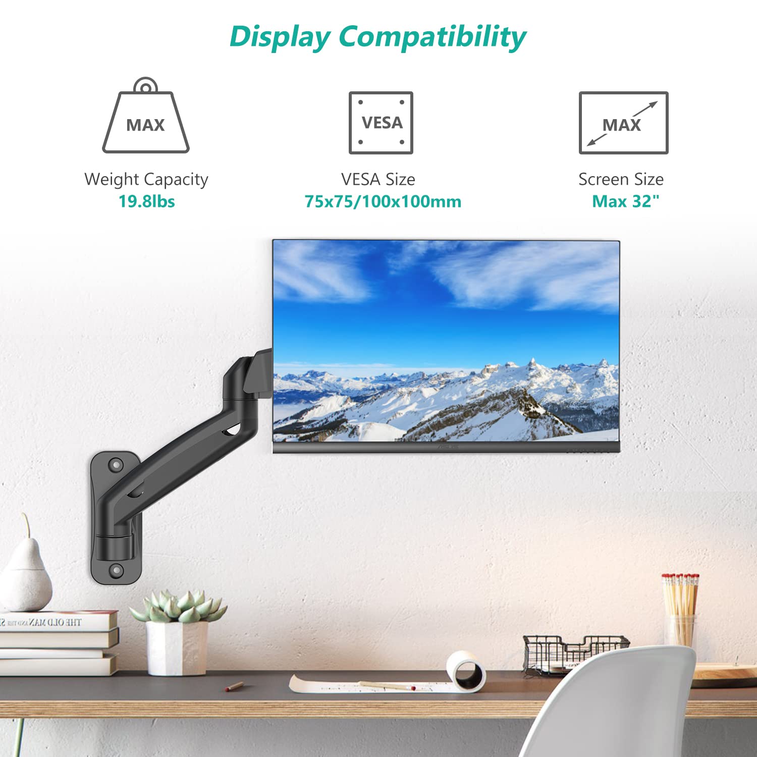 WALI Single Monitor Wall Mount, Gas Spring Monitor Arm for 1 Screen up to 32 inch, 19.8 lbs. Fully Adjustable Arm Max Extension 21.2 inch (GSWM001), Black