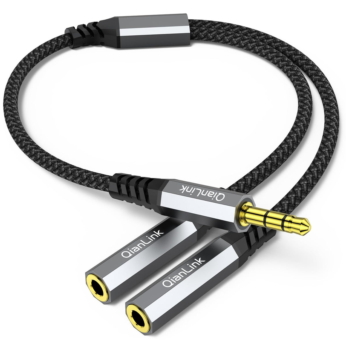 QianLink Headphone Splitter, 3.5mm Male to 2 Female Ports, 1ft/0.30m Extension Cable for PS4, PS5, Xbox, Switch, PC Gaming Headsets, Phone, Tablet & More