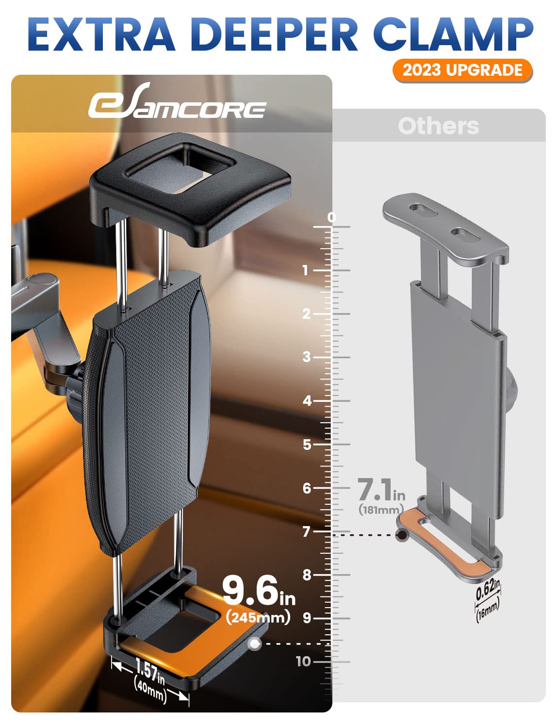 Esamcore For Ipad Car Holder Back Seat, 1.57' Extra Deep Clamp Headrest Tablet Holder For Ipad Car Mount Backseat Road Trip Essentials Kids For 4.7' 11' Tablet For Ipad Pro Air Mini Galaxy Tab