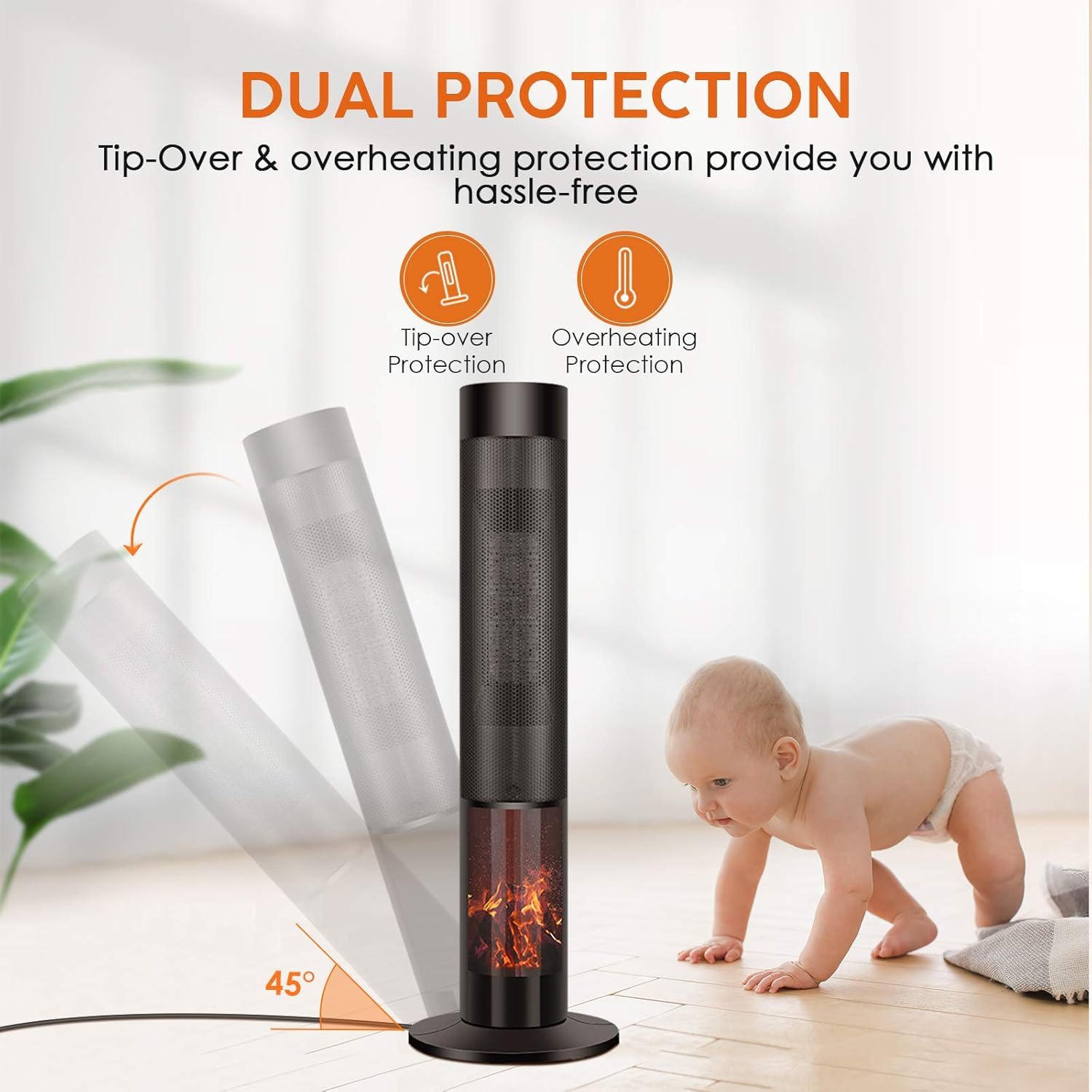 Trustech 36'' Tower Space Heater For Large Room, 1500W Ptc Electric Tower Heater With Adjustable Thermostat, 4 Modes & 3D Flame,