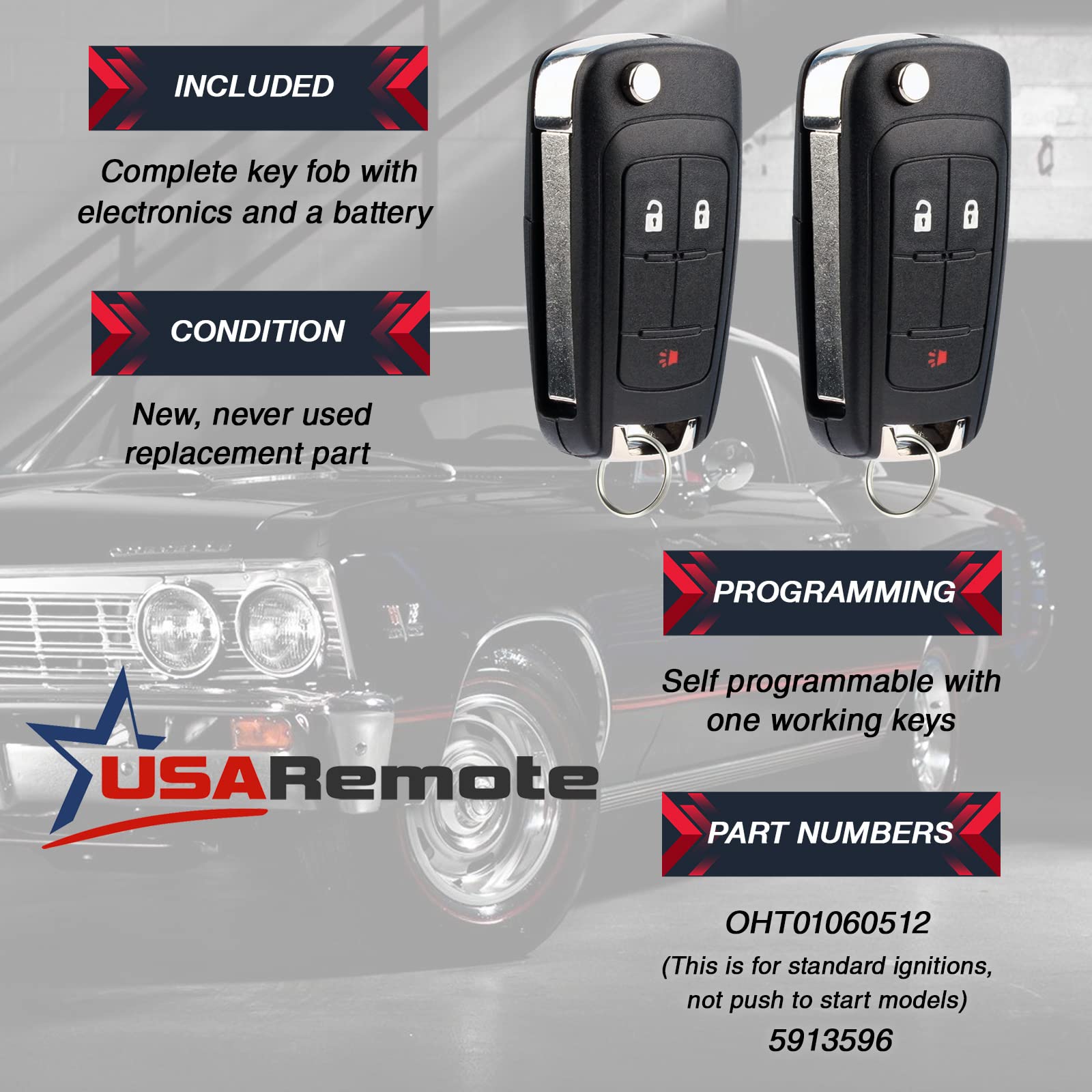 Car Key Fob Keyless Entry Remote Flip Fits 2010 2017 Chevy Equinox, Sonic, Terrain (Oht01060512 3 Btn), Set Of 2