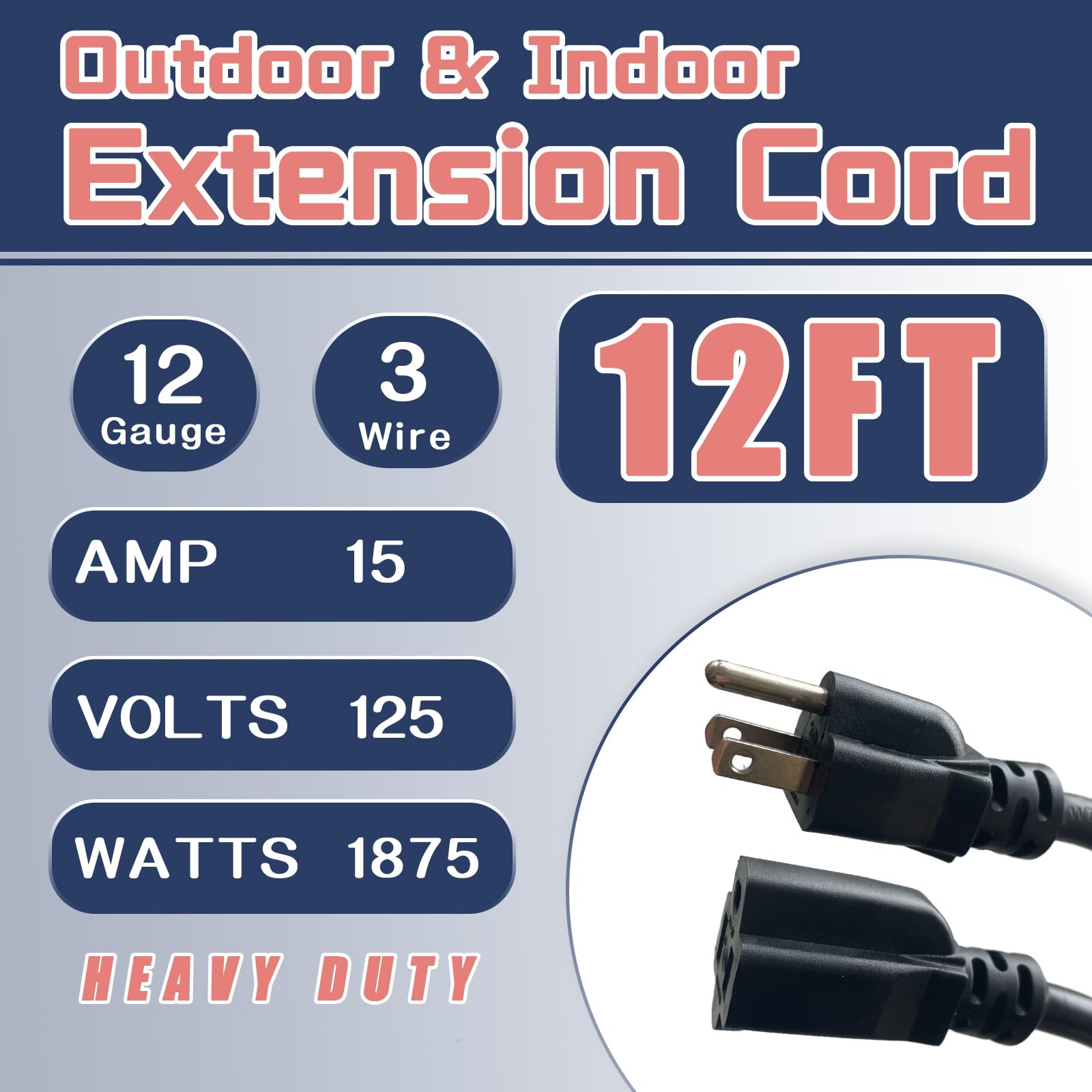 Greatide 12 Ft Outdoor Extension Cord   12/3 Sjtw Heavy Duty Black Extension Cable With 3 Prong Grounded Plug   Power Cord For L