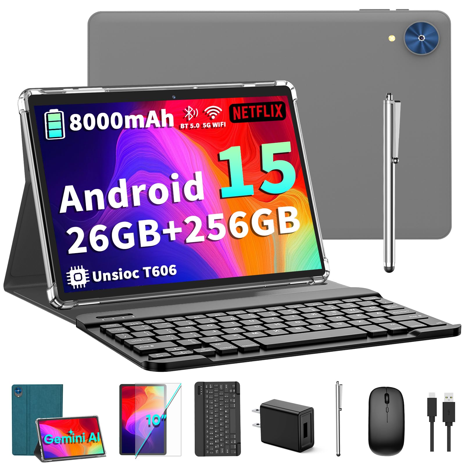 2026 Android 15 Tablet with Keyboard - 26GB+256GB+2TB Expand, Octa-Core, Gemini AI, 2.4G/5G Wifi, 8000mAh, Widevine L1, Dual Cam