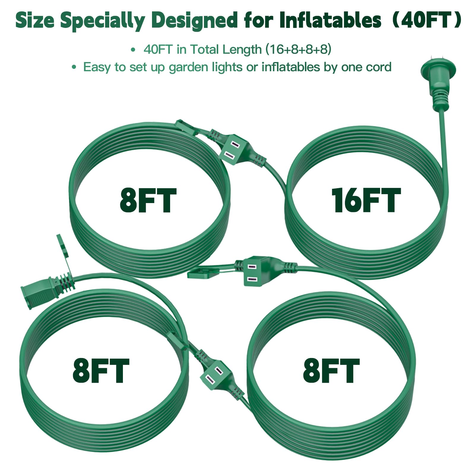 40Ft Outdoor Extension Extension Cord For Halloween Christmas Inflatables With Multiple Outlets Green Electrical Cord With Multi