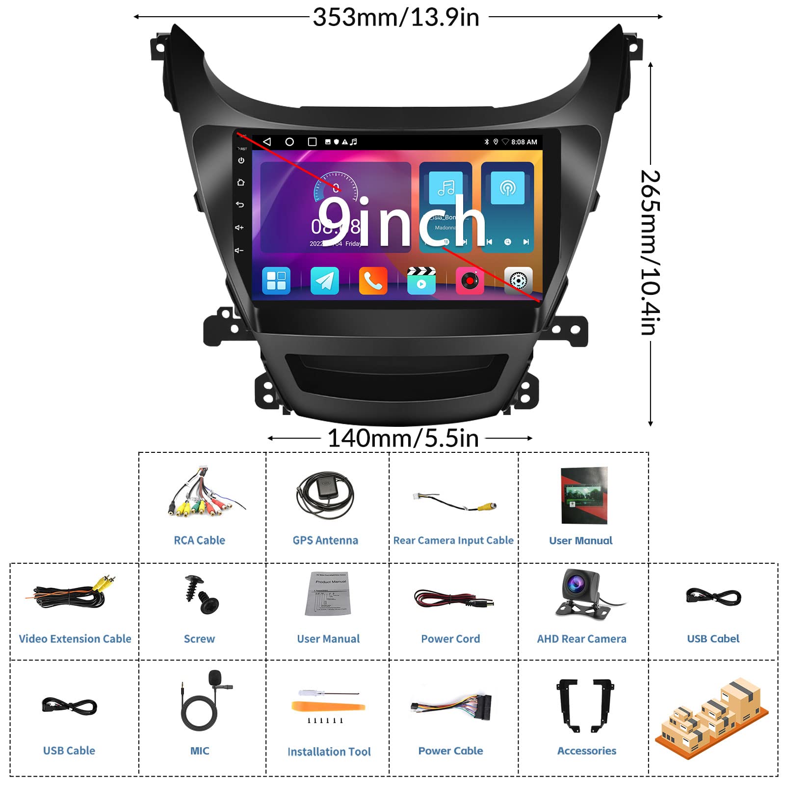 2+32G Android Car Stereo For Hyundai Elantra 2014 2015 2016 With Carplay Android Auto Mirror Link Change Wallpaper Theme 9 Inch