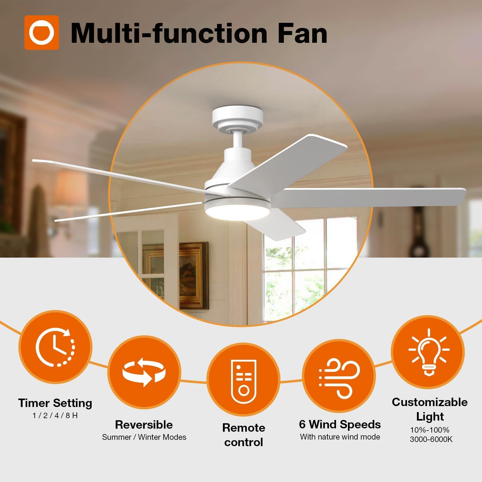 Addlon Ceiling Fans With Lights, 52 Inch Ceiling Fan With Light And Remote Control, Reversible, 3Cct, Dimmable, Noiseless, White