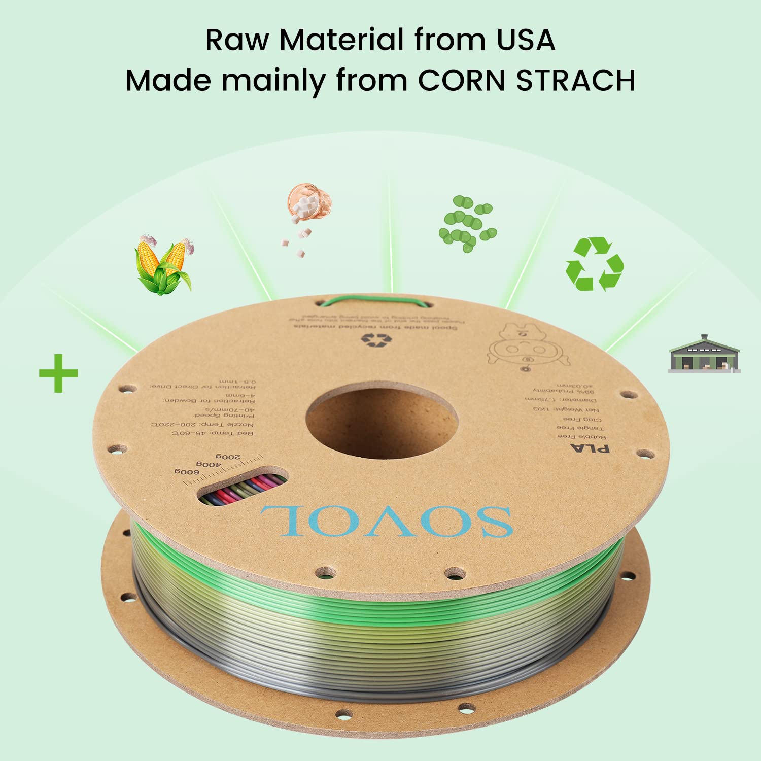 Sovol 3D Printer Silk Shiny Multicolored Fast Gradient Change Rainbow Pla 1 Kg (2.2 Lbs) Spool 3D Printing Materials, Wiring Tig