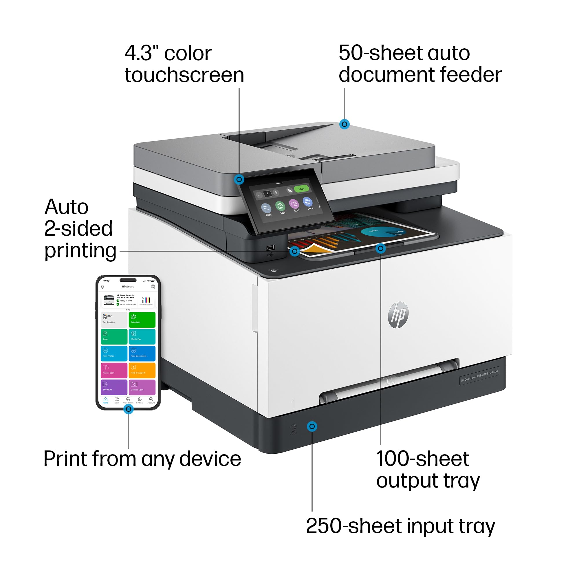 HP Color LaserJet Pro MFP 3301sdw All-in-One Printer, Wireless, Duplex, ADF, White, Model 499Q3F