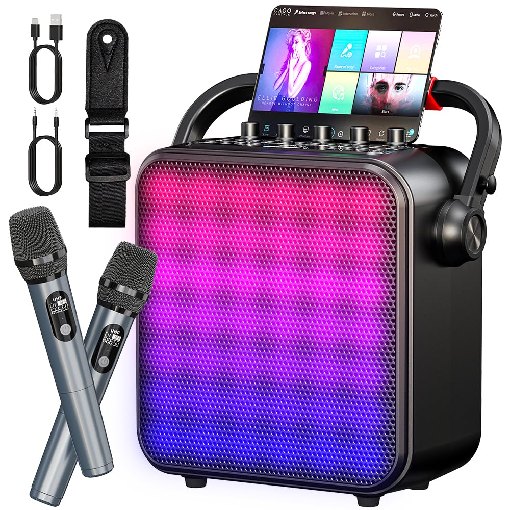 Karaoke Machine For Adults & Kids With Full Screen Led Lights, Portable Bt Speaker With 2 Microphones, Bass/Treble Adjustment, S
