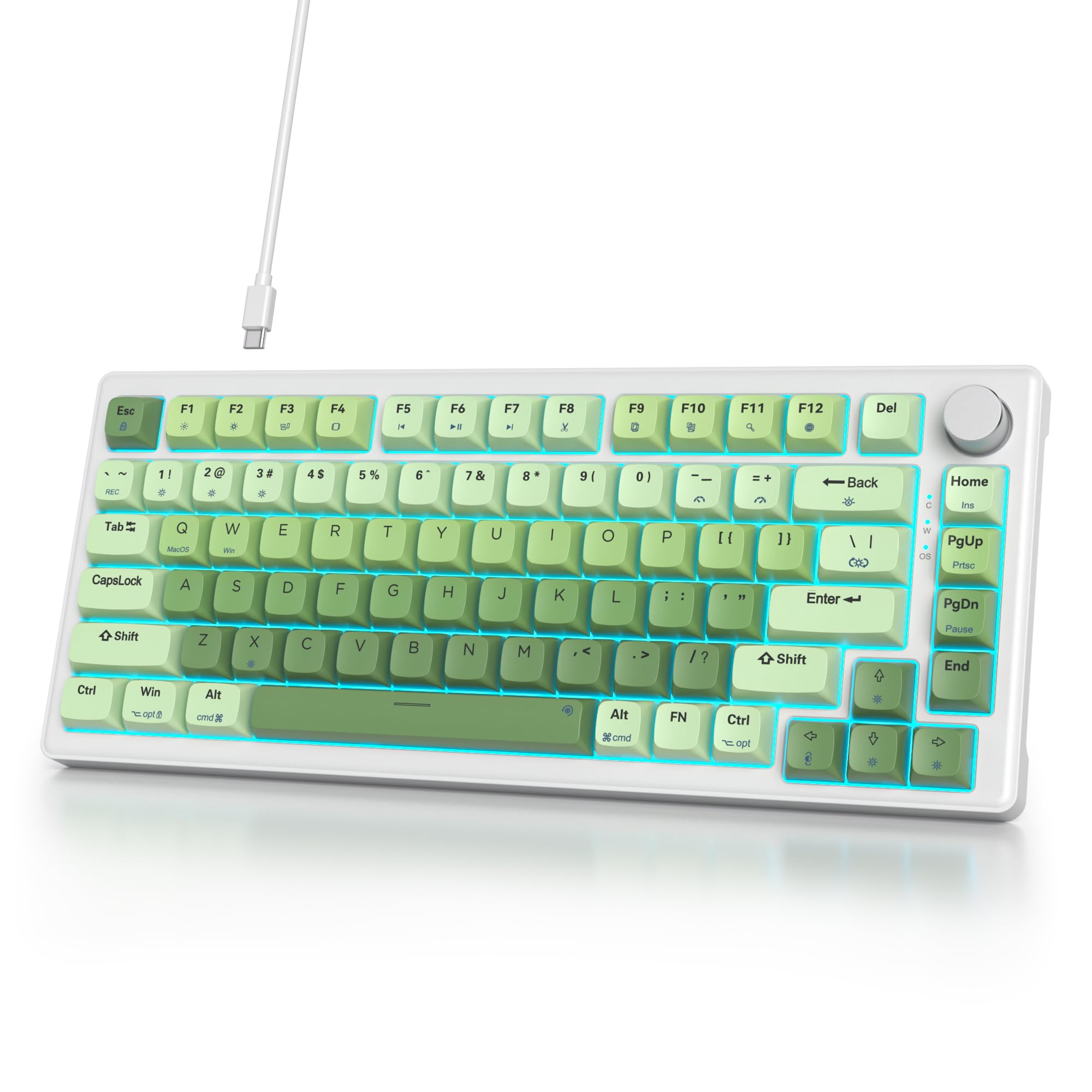 75% Wired Keyboard With Knob, 75 Percent Gaming Green Keyboard Hot Swappable Gasket Mount,White Switch,82 Keys Tkl Mechanical Ke
