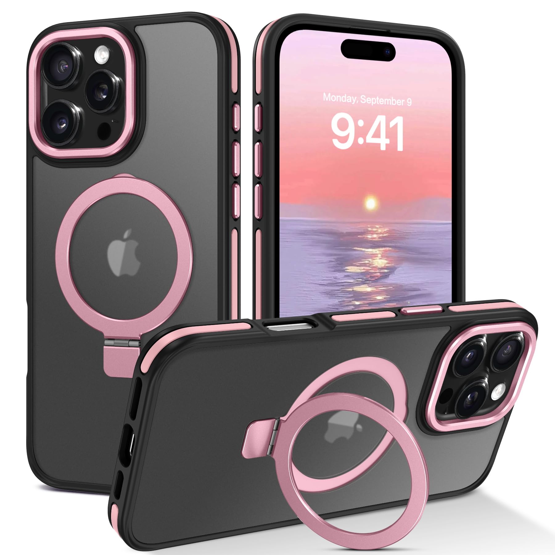 Veningo Iphone 16 Pro Max Case, Magnetic Slim Fit Magsafe Translucent Matte Car Mount Supported Foldable Ring Holder Kickstand S