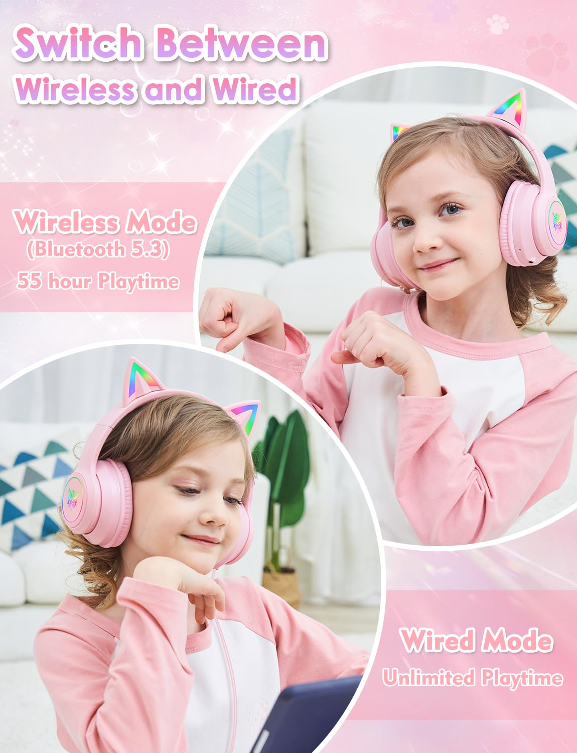 Bluetooth Kids Headphones With Microphone, Cat Ear Led Light Up And 85Db Volume Limited Toddlers Study Headphones, Wireless Fold