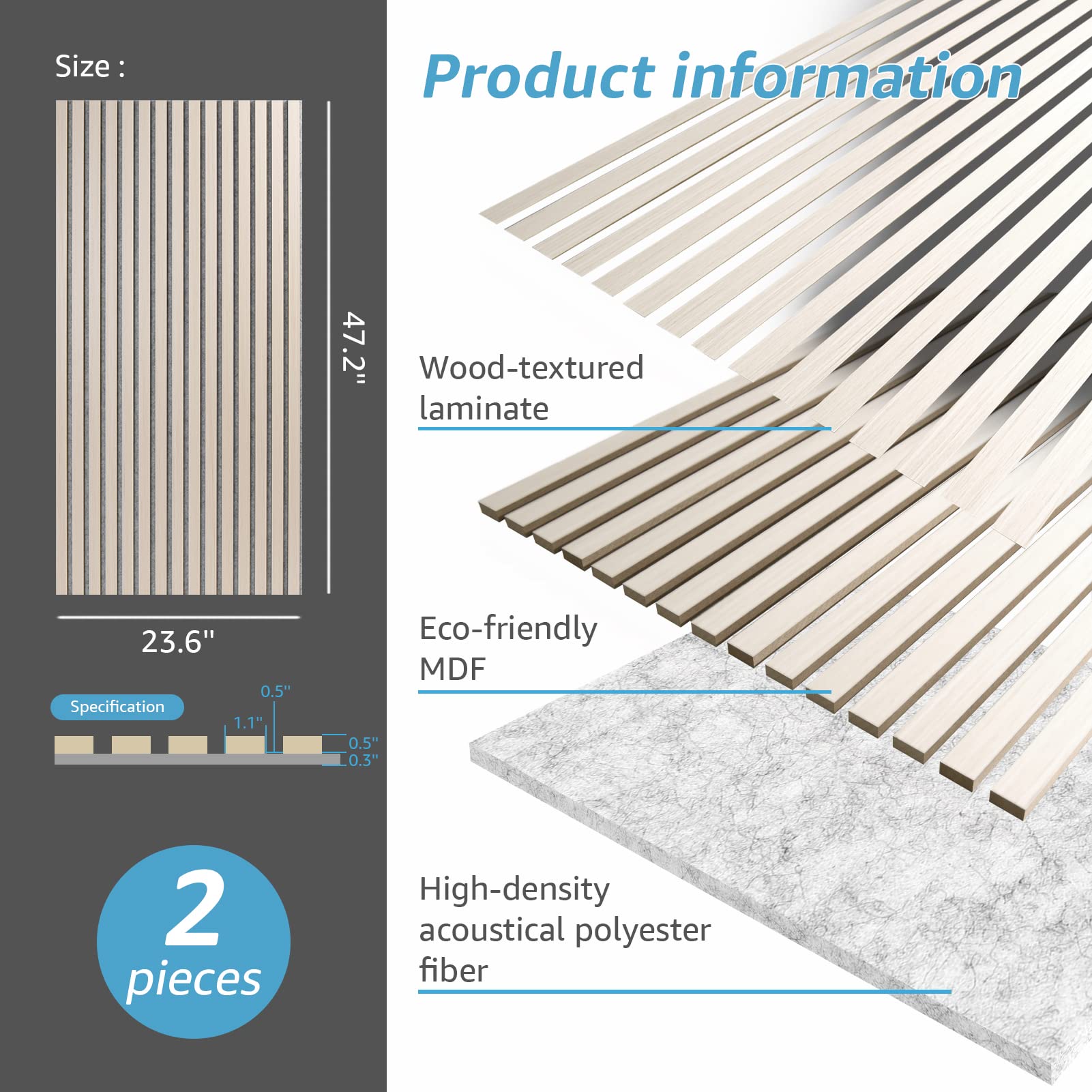 Art3D 2 Wood Slat Acoustic Panels For Wall And Ceiling   3D Fluted Sound Absorbing Panel With Wood Finish   White Elm
