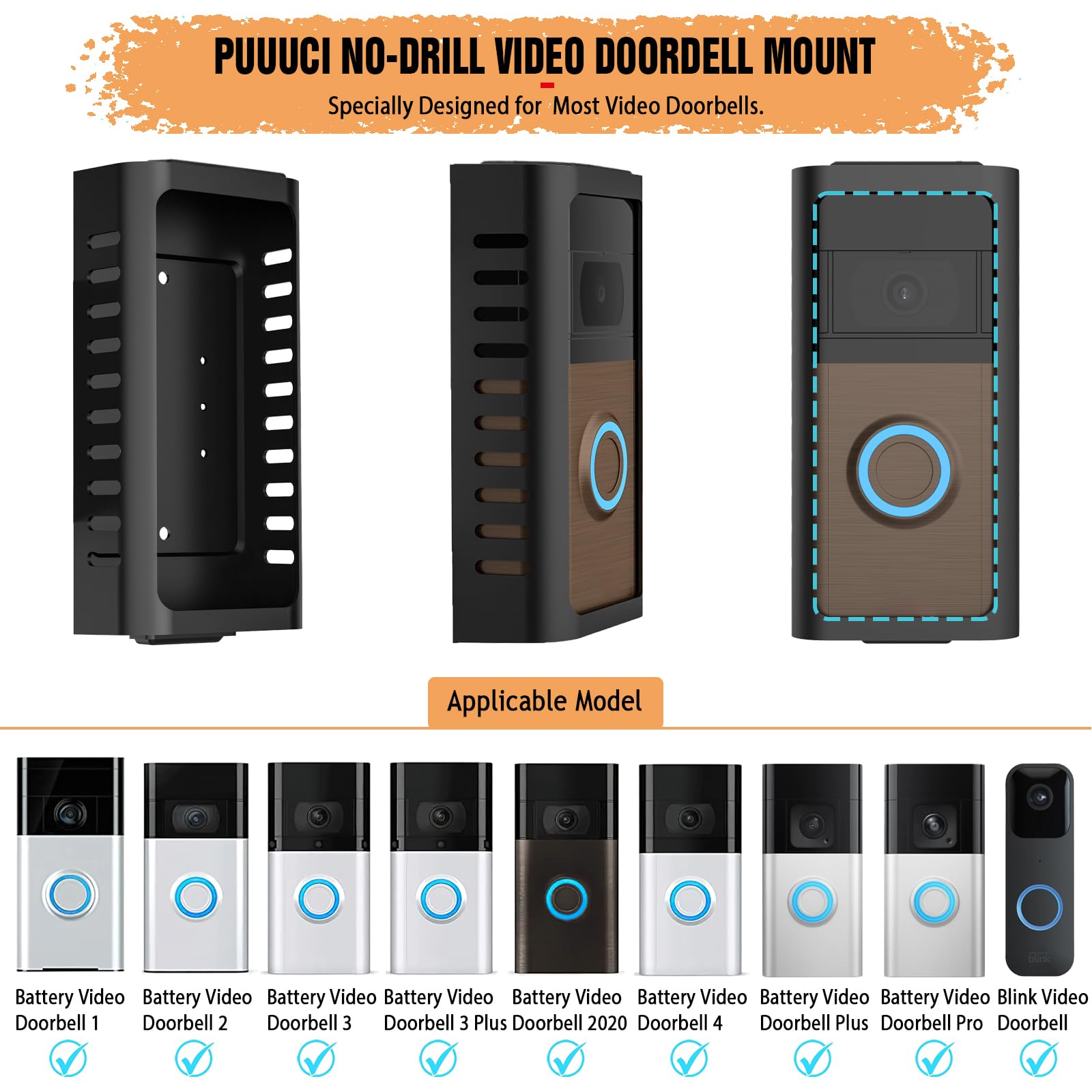 Puuuci No Drill Doorbell Mount For Battery Video Doorbell 2/3/4/(2020 Release)/(2024 Release)/Plus/Pro, Adhesive Steel Metal Doo