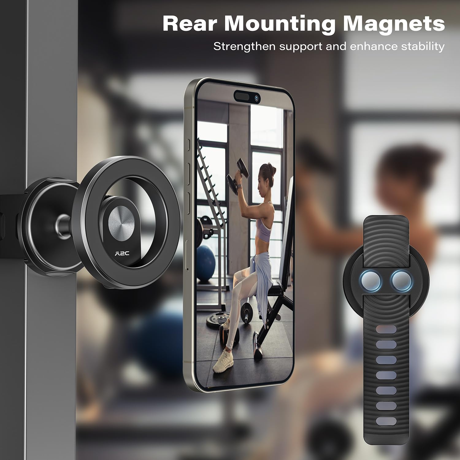 A2C Adjustable Strap Magnetic Bar Phone Mount For Peloton Treadmill, Exercise/Stationary Bikes, Stroller, Shopping Cart, Fits 0.
